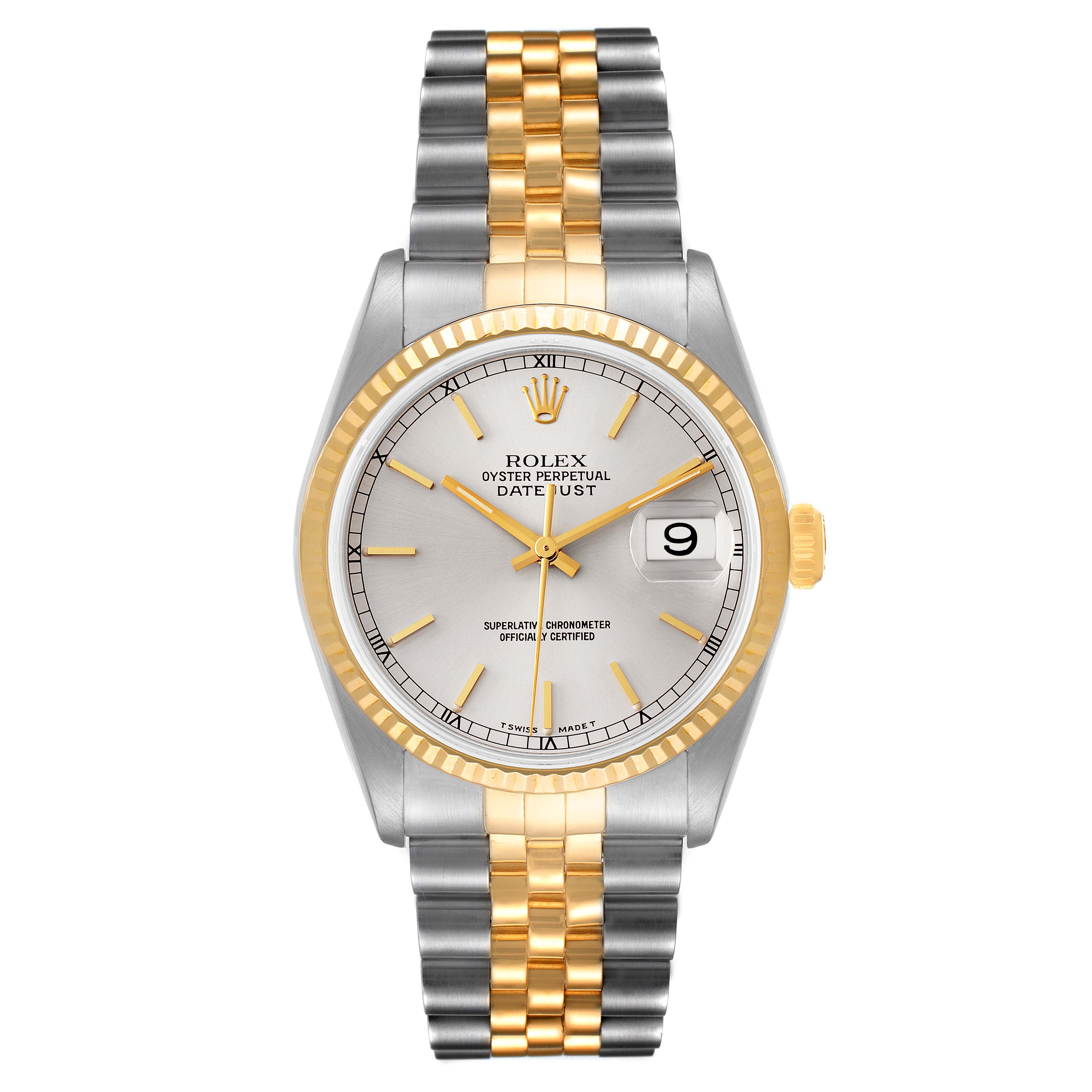 This image shows a Rolex Datejust 16233 Men's Steel and Gold (two tone) Silver Dial 16233 Men's Steel and Gold (two tone) Silver Dial watch from a top-down angle, highlighting its two-tone bracelet, bezel, and dial with a date window.