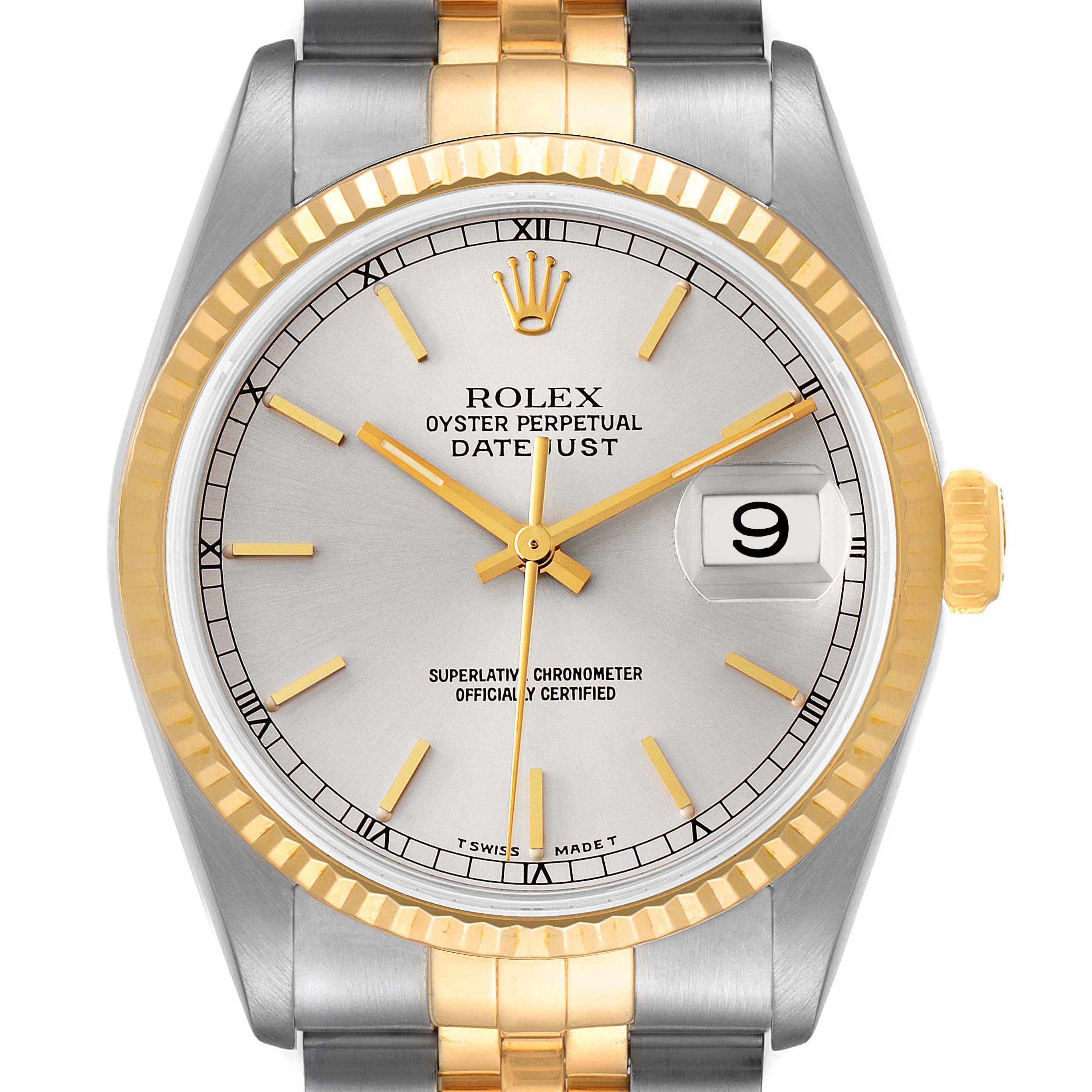 This image shows a front view of the Rolex Datejust 16233 Men's Steel and Gold (two tone) Silver Dial 16233 Men's Steel and Gold (two tone) Silver Dial watch, highlighting the dial, bezel, hands, and part of the bracelet.