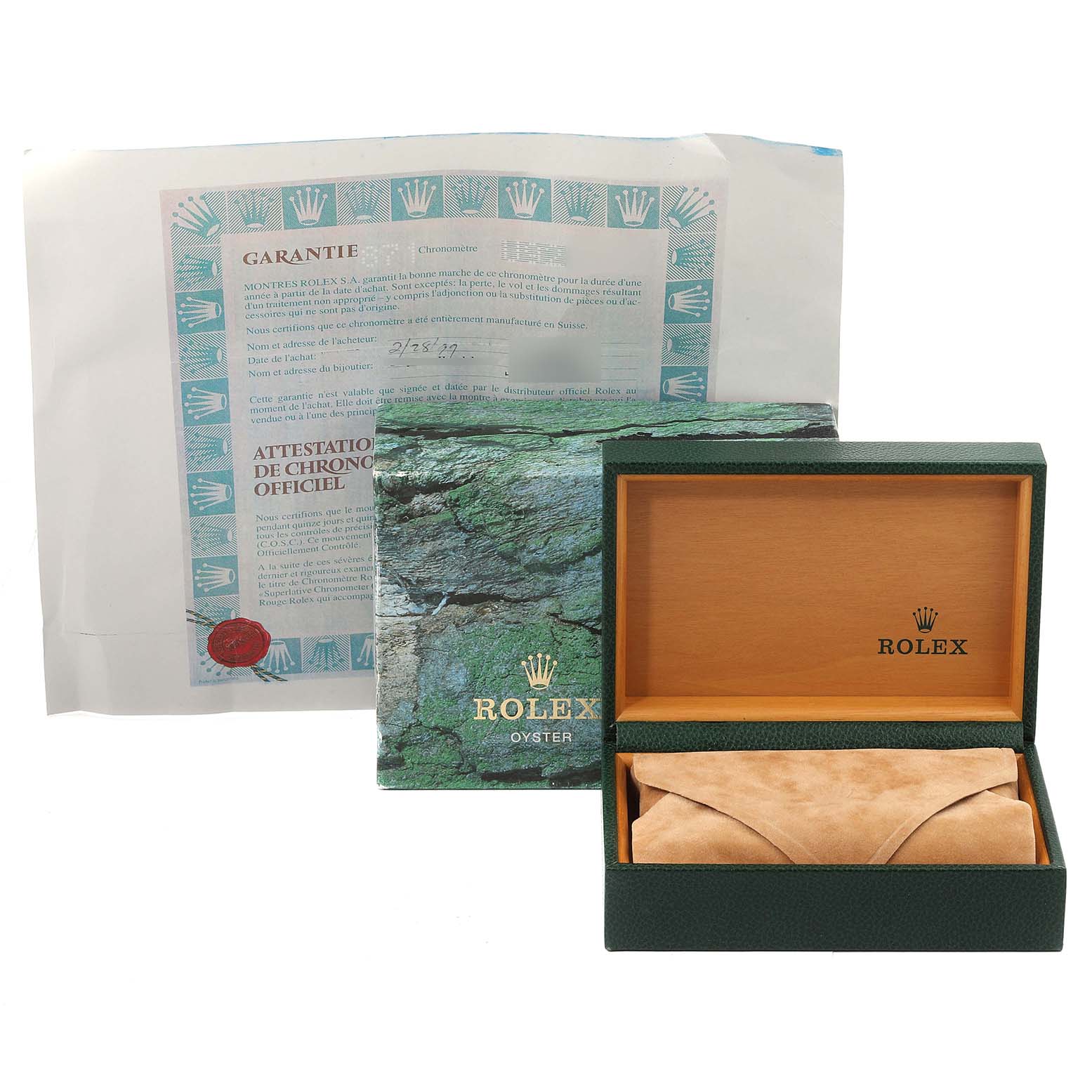 The image shows the box, cushion, and guarantee card for a Rolex Datejust 16233 Men's Steel and Gold (two tone) Silver Dial 16233 Men's Steel and Gold (two tone) Silver Dial watch.