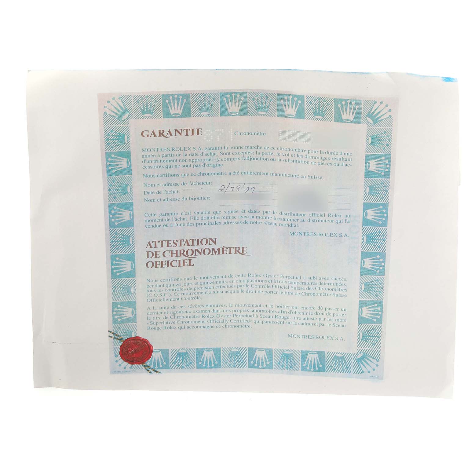 This image shows the official warranty document and certification for the Rolex Datejust 16233 Men's Steel and Gold (two tone) Silver Dial 16233 Men's Steel and Gold (two tone) Silver Dial model watch.