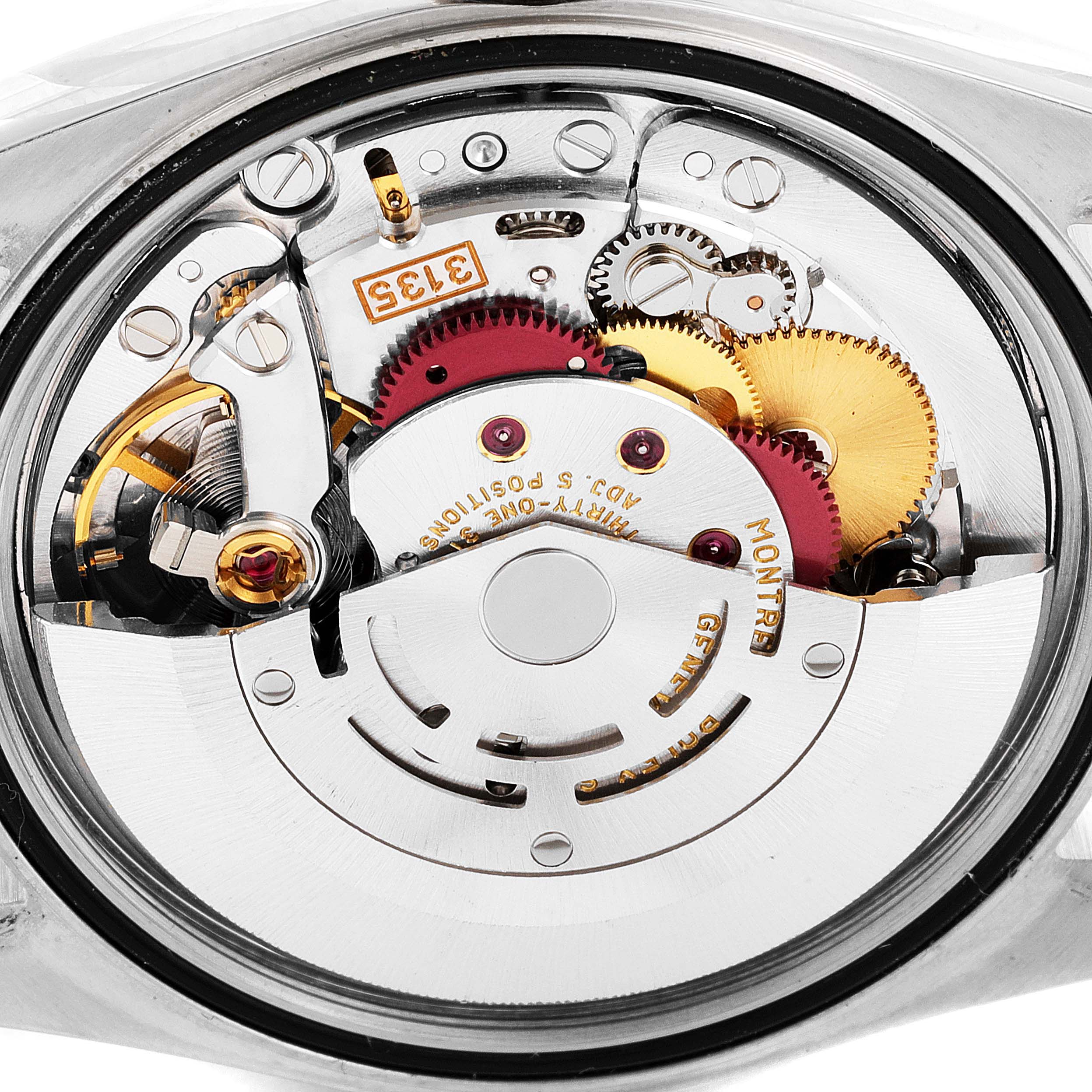 This image shows the back view of a Rolex Datejust 16233 Men's Steel and Gold (two tone) Silver Dial 16233 Men's Steel and Gold (two tone) Silver Dial watch, revealing its intricate movement and internal components.