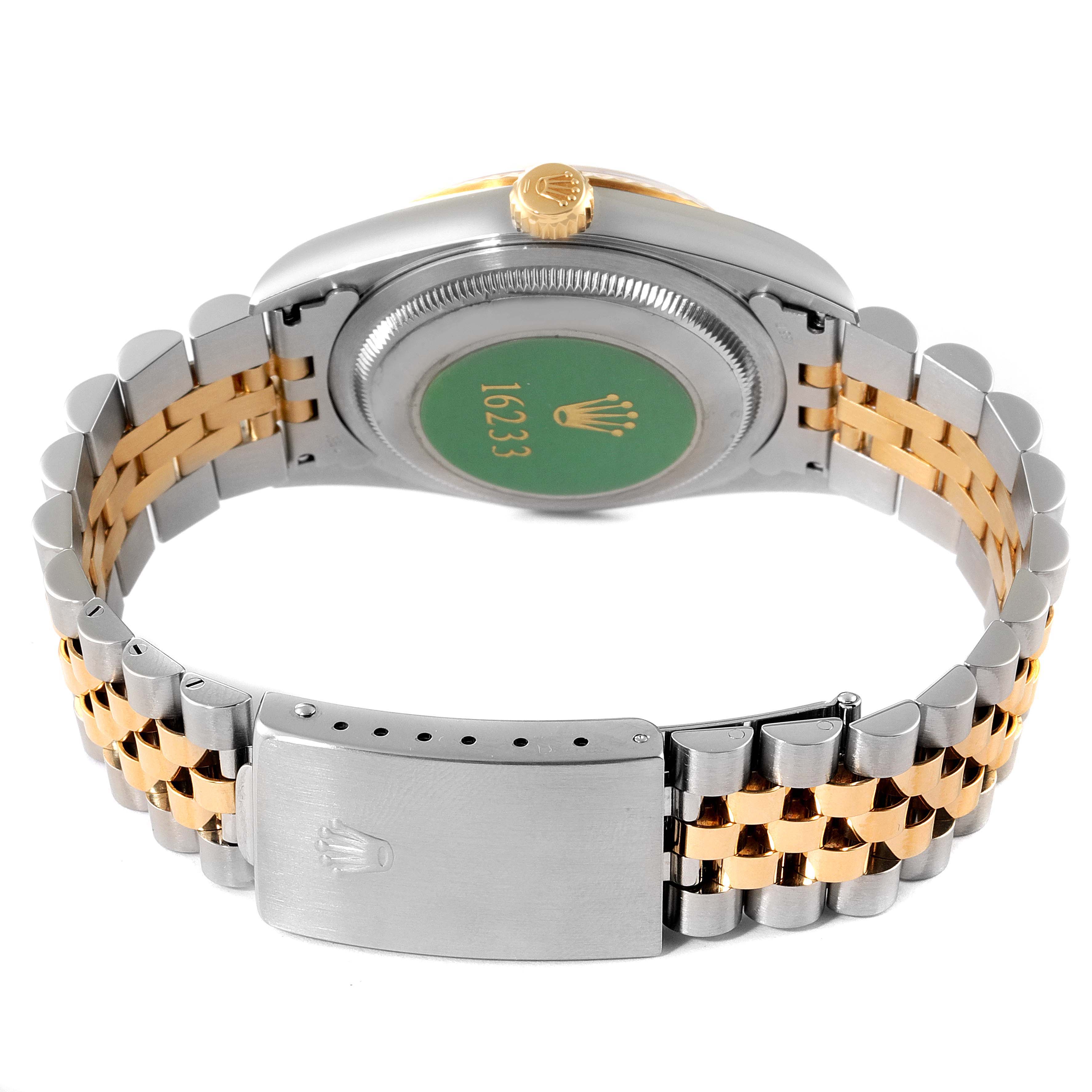 This image displays the back and bracelet of a Rolex Datejust 16233 Men's Steel and Gold (two tone) Silver Dial 16233 Men's Steel and Gold (two tone) Silver Dial watch, showcasing the clasp and case back.
