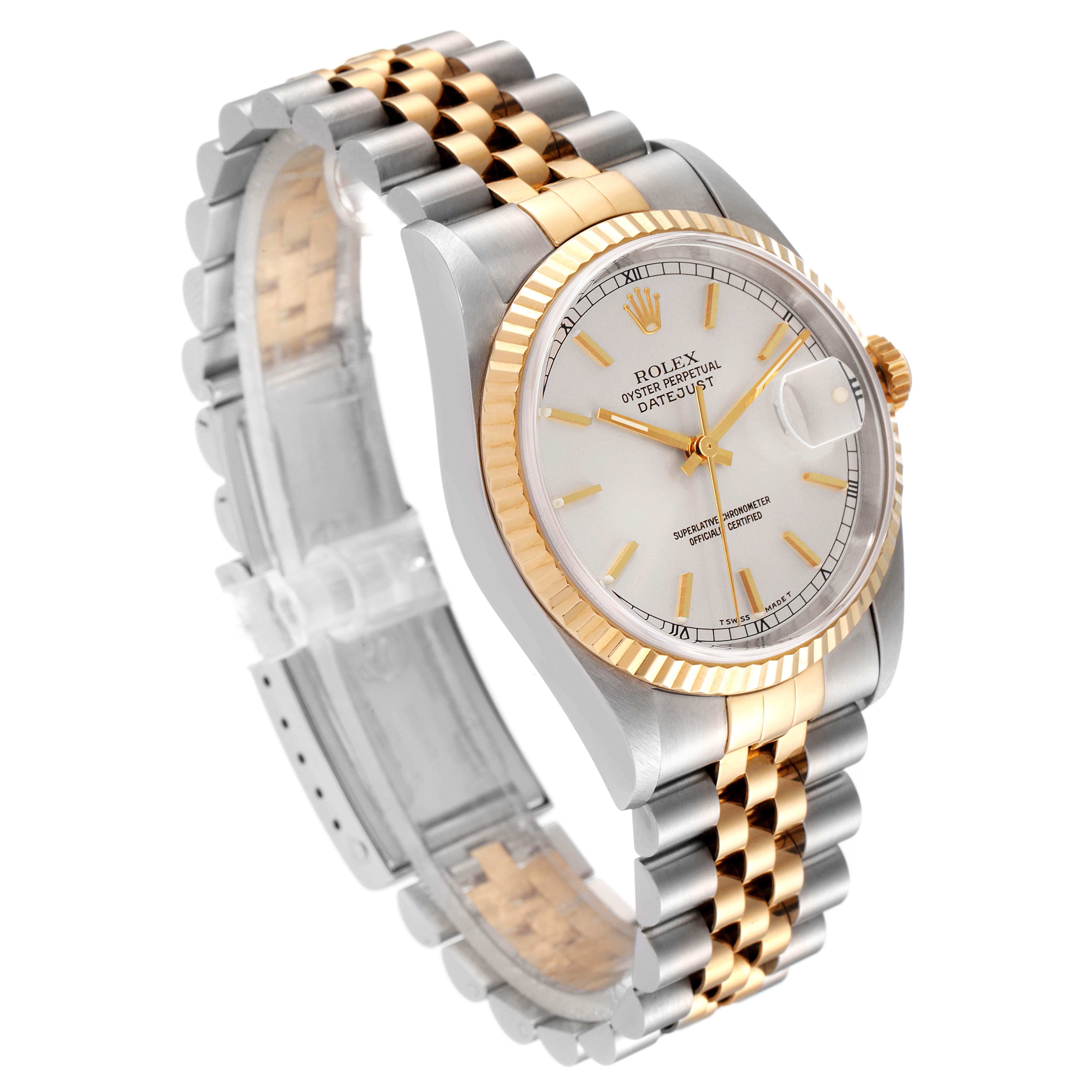 This image shows a Rolex Datejust 16233 Men's Steel and Gold (two tone) Silver Dial 16233 Men's Steel and Gold (two tone) Silver Dial model watch at a three-quarter angle, highlighting its dial, fluted bezel, and two-tone bracelet.