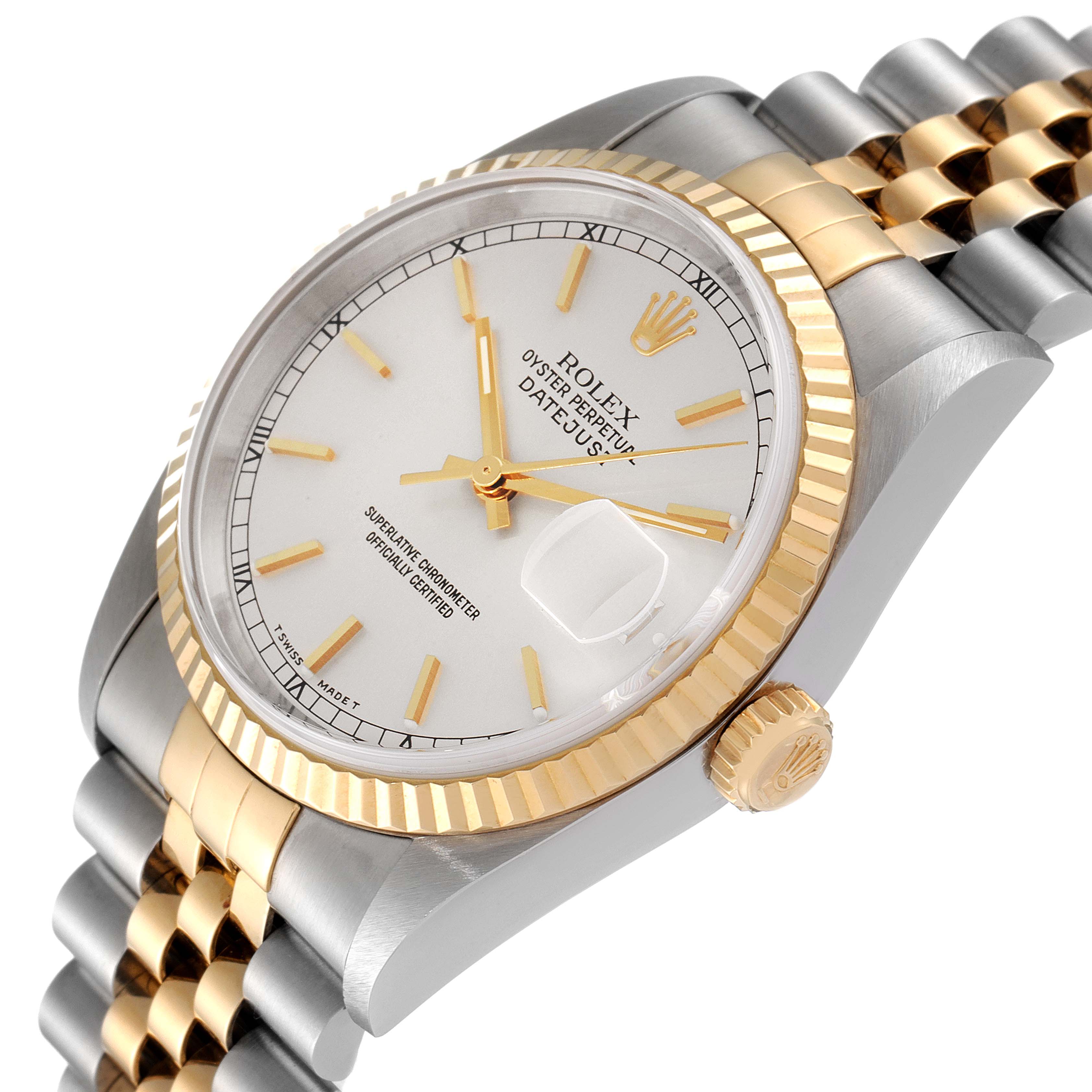 This image shows an angled view of the Rolex Datejust 16233 Men's Steel and Gold (two tone) Silver Dial 16233 Men's Steel and Gold (two tone) Silver Dial, highlighting the face, bezel, crown, and bracelet.