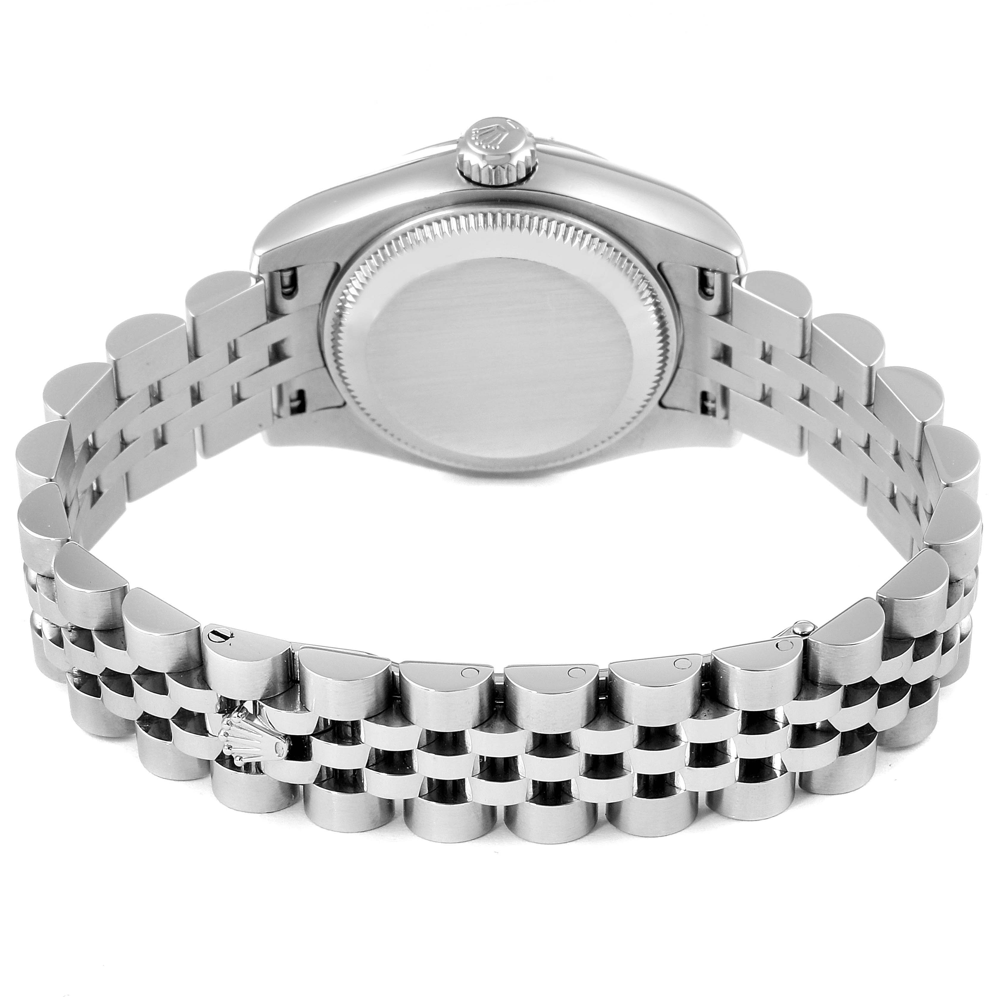 This image shows the back view of a Rolex Datejust 179174 Women's Stainless Steel Mother of Pearl Dial 179174 Women's Stainless Steel Mother of Pearl Dial watch, highlighting its caseback and stainless steel bracelet.