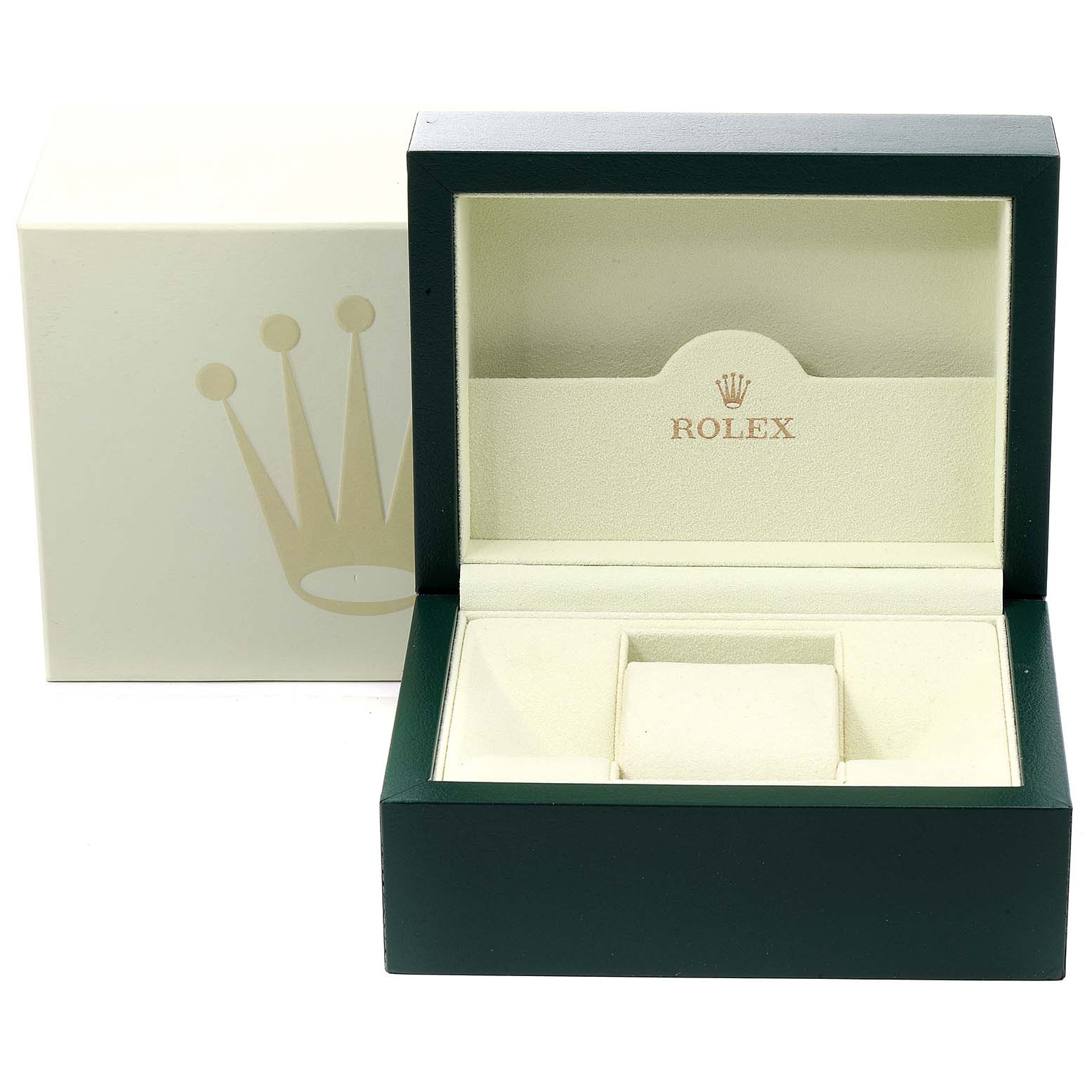 The image shows an open Rolex Datejust 179174 Women's Stainless Steel Mother of Pearl Dial 179174 Women's Stainless Steel Mother of Pearl Dial box with the inner cushion and an outer box featuring the Rolex logo.