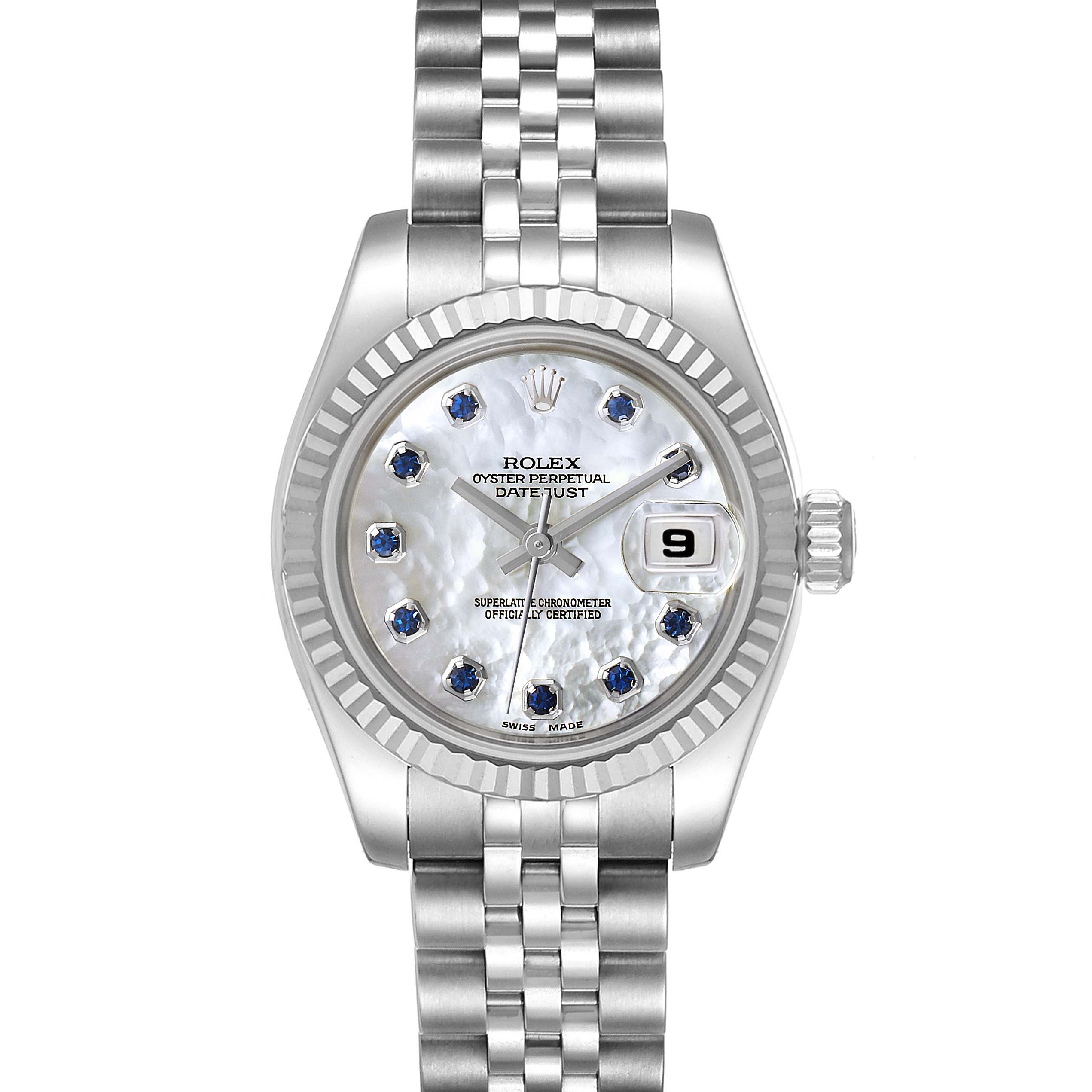 This image shows a top-down view of a Rolex Datejust 179174 Women's Stainless Steel Mother of Pearl Dial 179174 Women's Stainless Steel Mother of Pearl Dial watch, highlighting the dial, bezel, and bracelet.