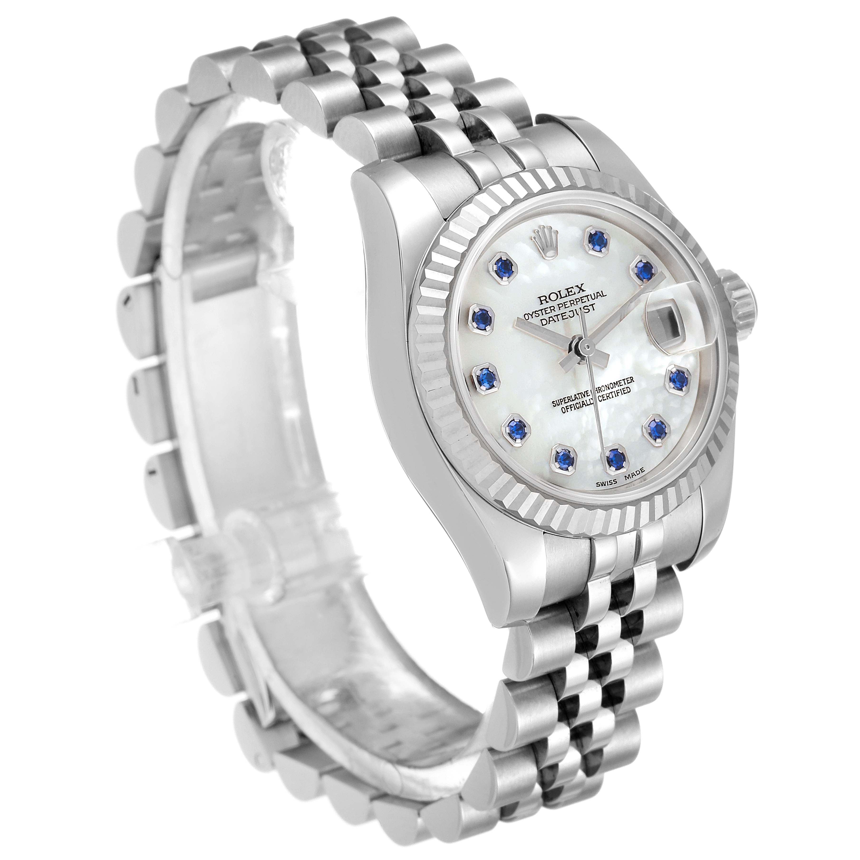 This image shows a Rolex Datejust 179174 Women's Stainless Steel Mother of Pearl Dial 179174 Women's Stainless Steel Mother of Pearl Dial watch from a front-side angle, highlighting the dial, bezel, crown, and Jubilee bracelet.