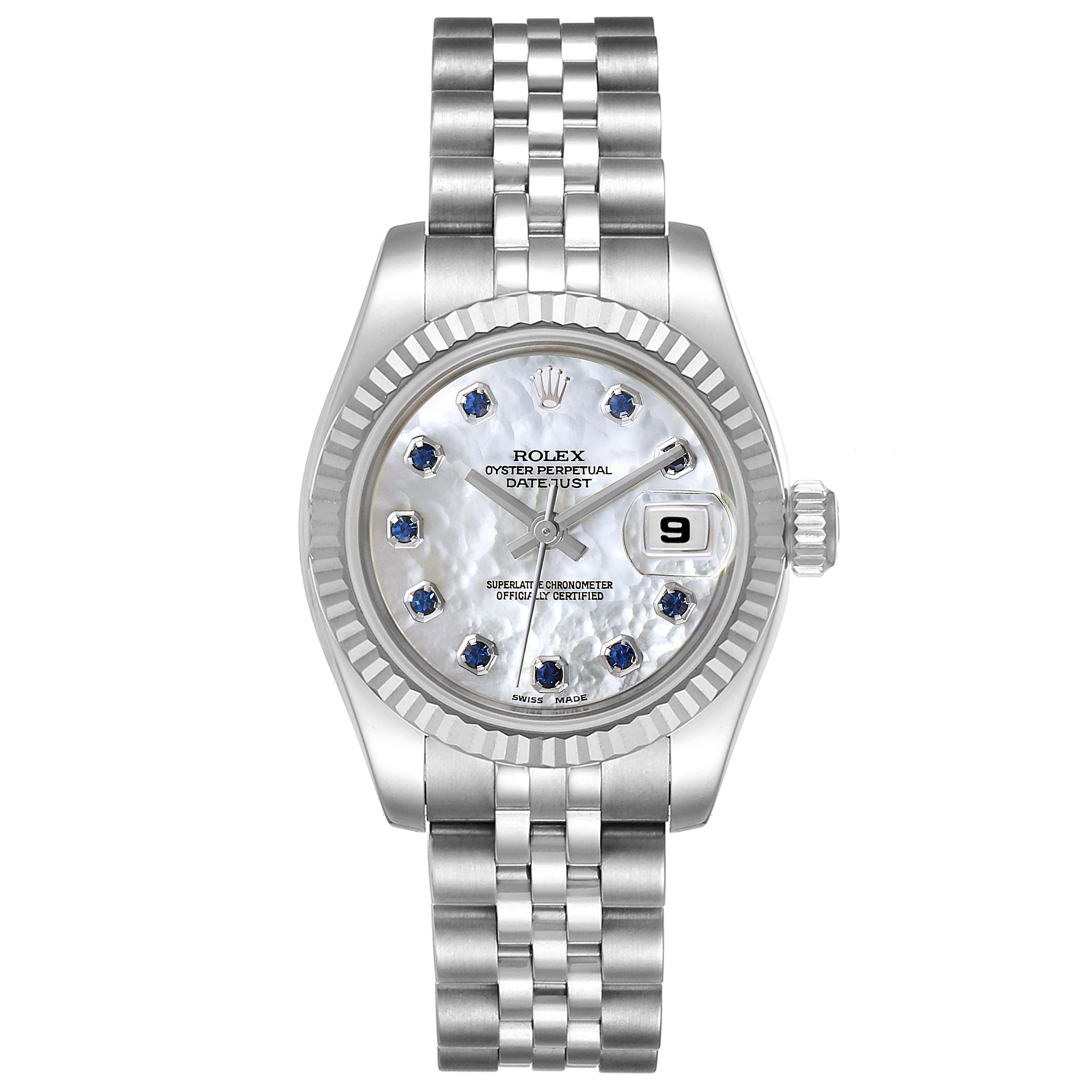 The image shows a front view of a Rolex Datejust 179174 Women's Stainless Steel Mother of Pearl Dial 179174 Women's Stainless Steel Mother of Pearl Dial watch, showcasing its face, bezel, hands, date display, and bracelet.