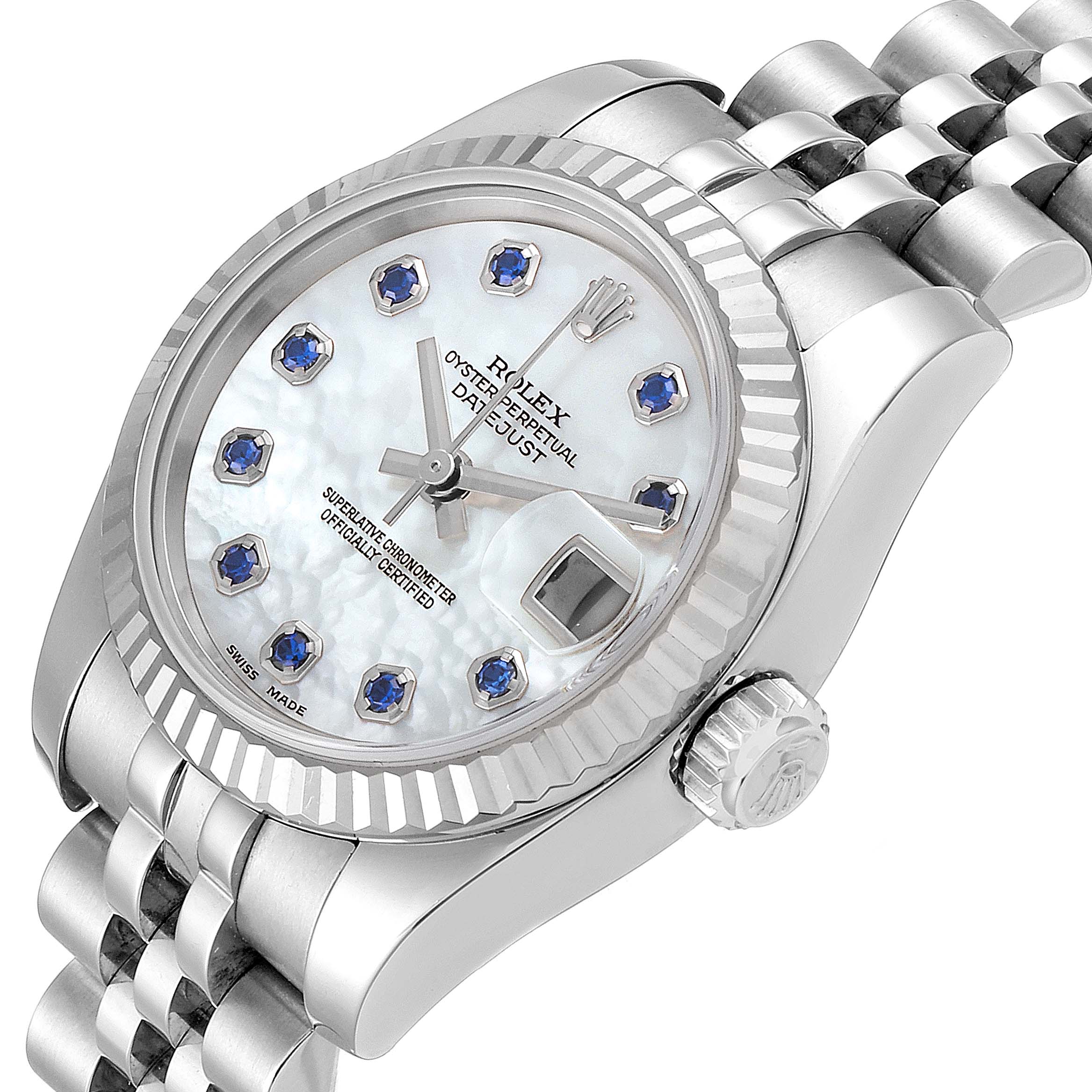 This image shows a close-up angle of a Rolex Datejust 179174 Women's Stainless Steel Mother of Pearl Dial 179174 Women's Stainless Steel Mother of Pearl Dial watch, highlighting the dial, bezel, case, and part of the bracelet.