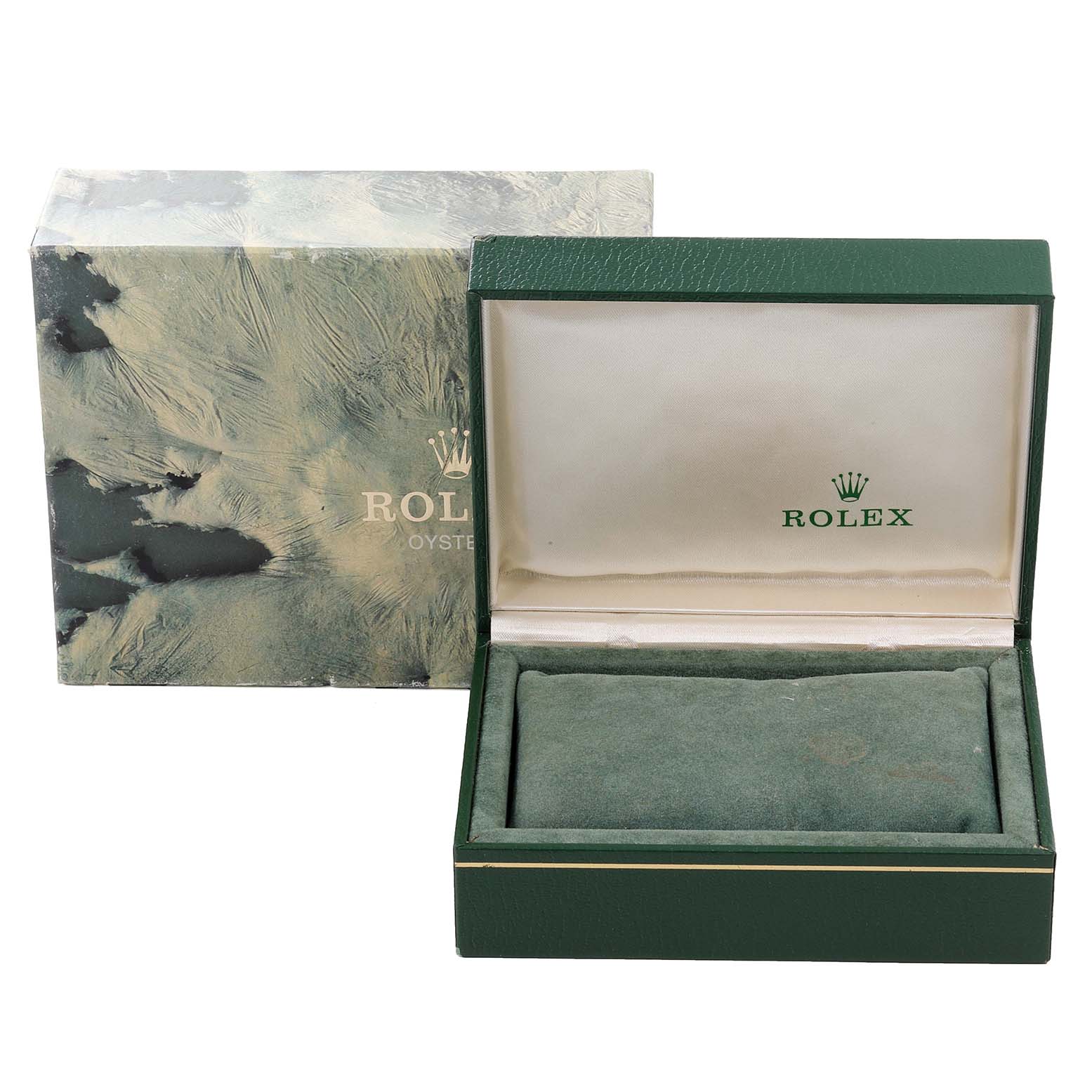 The image shows the open presentation box and outer box for a Rolex Datejust 16234 Men's Stainless Steel Grey Dial 16234 Men's Stainless Steel Grey Dial watch.