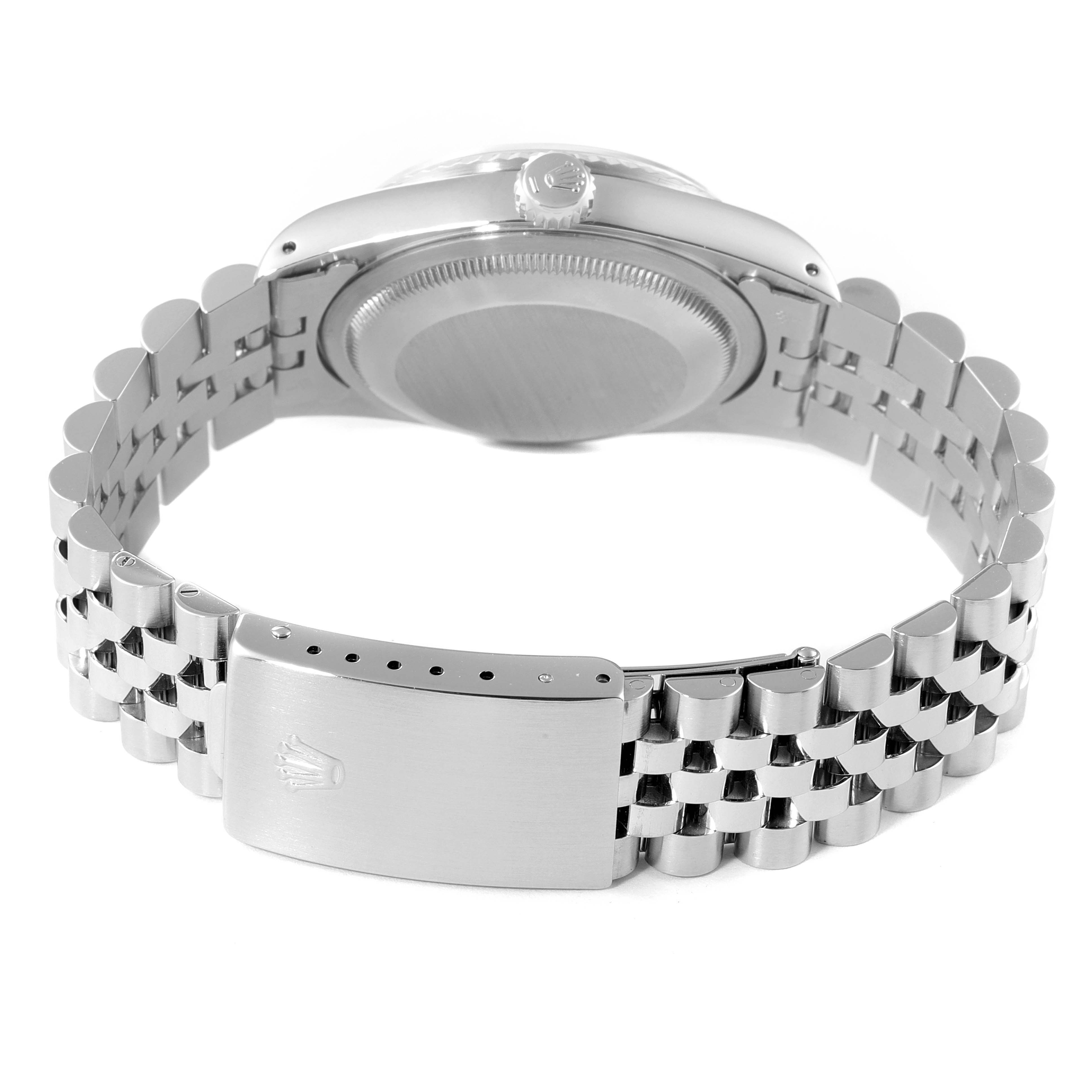 This image shows the back view of the Rolex Datejust 16234 Men's Stainless Steel Grey Dial 16234 Men's Stainless Steel Grey Dial, highlighting the case back, crown, and jubilee bracelet with clasp.