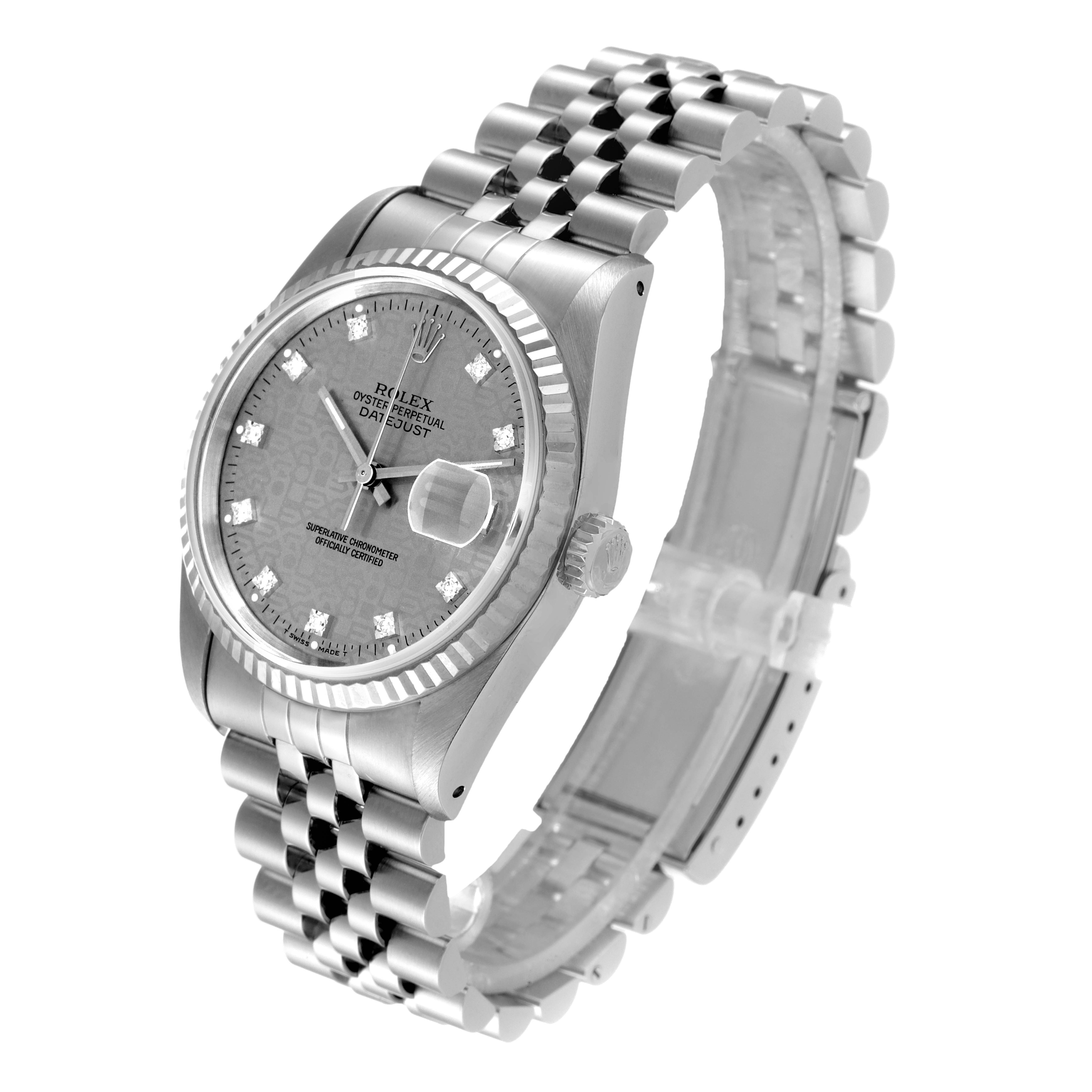The image shows a Rolex Datejust 16234 Men's Stainless Steel Grey Dial 16234 Men's Stainless Steel Grey Dial watch at a three-quarter angle, highlighting the dial, bezel, crown, and bracelet.