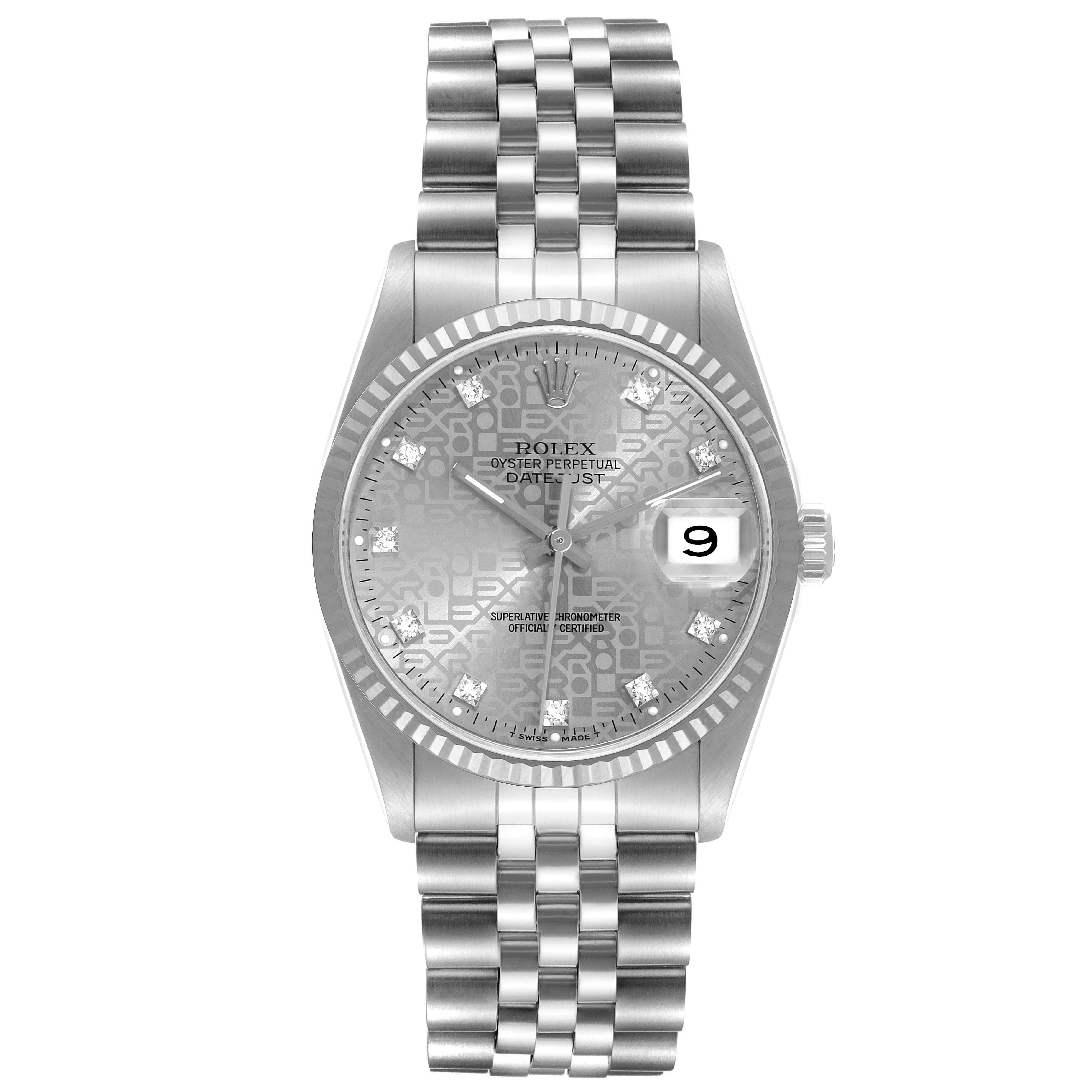 This image shows a front-facing view of a Rolex Datejust 16234 Men's Stainless Steel Grey Dial 16234 Men's Stainless Steel Grey Dial watch, highlighting the dial, bezel, and bracelet.