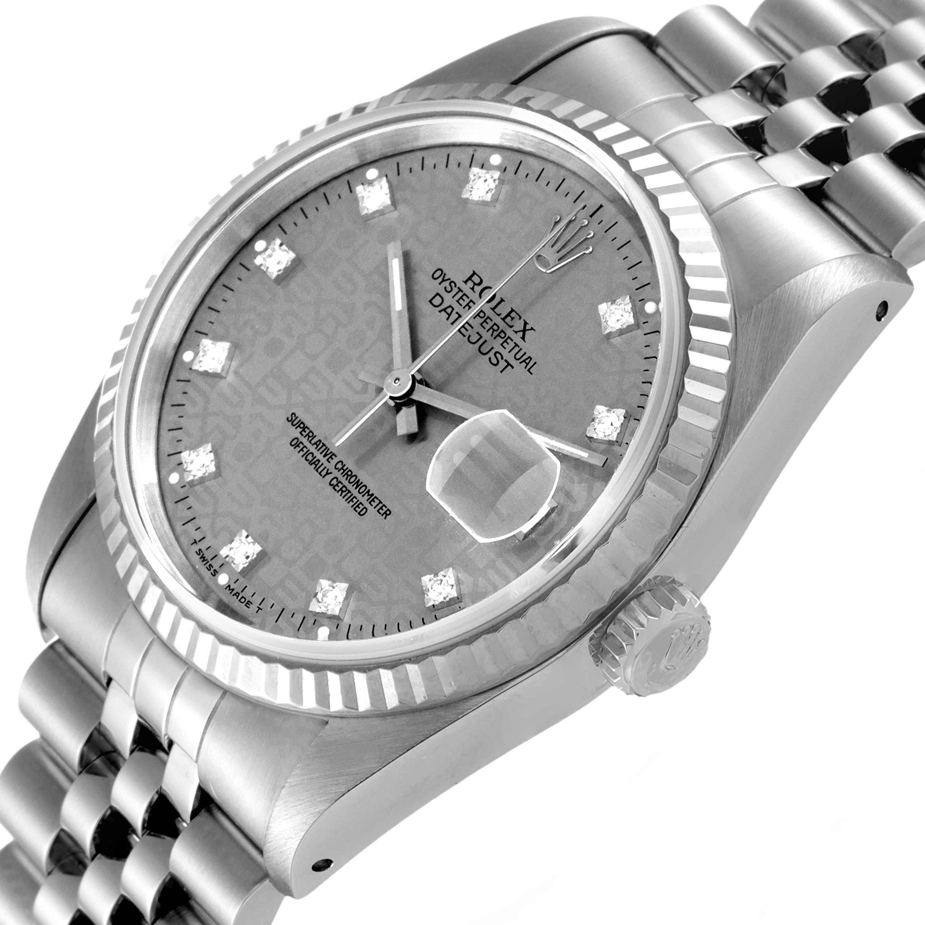 The Rolex Datejust 16234 Men's Stainless Steel Grey Dial 16234 Men's Stainless Steel Grey Dial watch is shown at an angle that highlights the face, crown, and part of the jubilee bracelet.