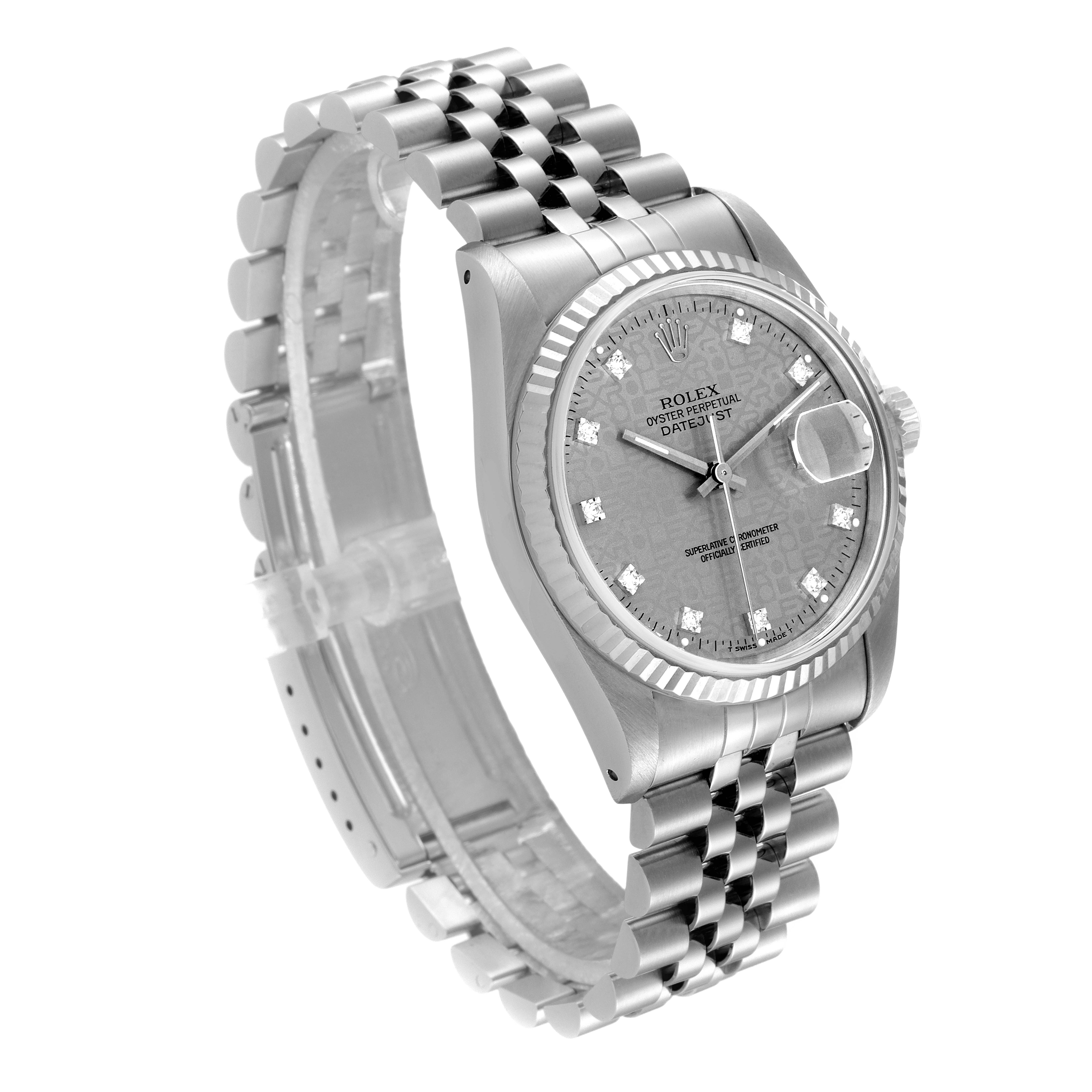 The Rolex Datejust 16234 Men's Stainless Steel Grey Dial 16234 Men's Stainless Steel Grey Dial watch is shown at a three-quarter angle, highlighting the dial, bezel, crown, and bracelet.