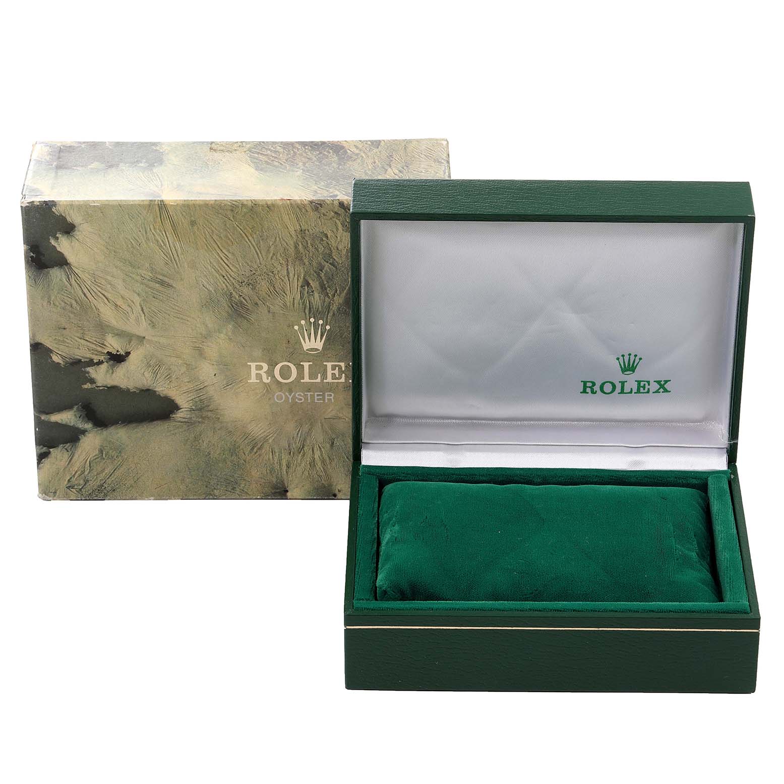 The image shows an open green Rolex Datejust 16233 Men's Steel and Gold (two tone) Champagne Dial 16233 Men's Steel and Gold (two tone) Champagne Dial watch box and its outer box from the front angle.