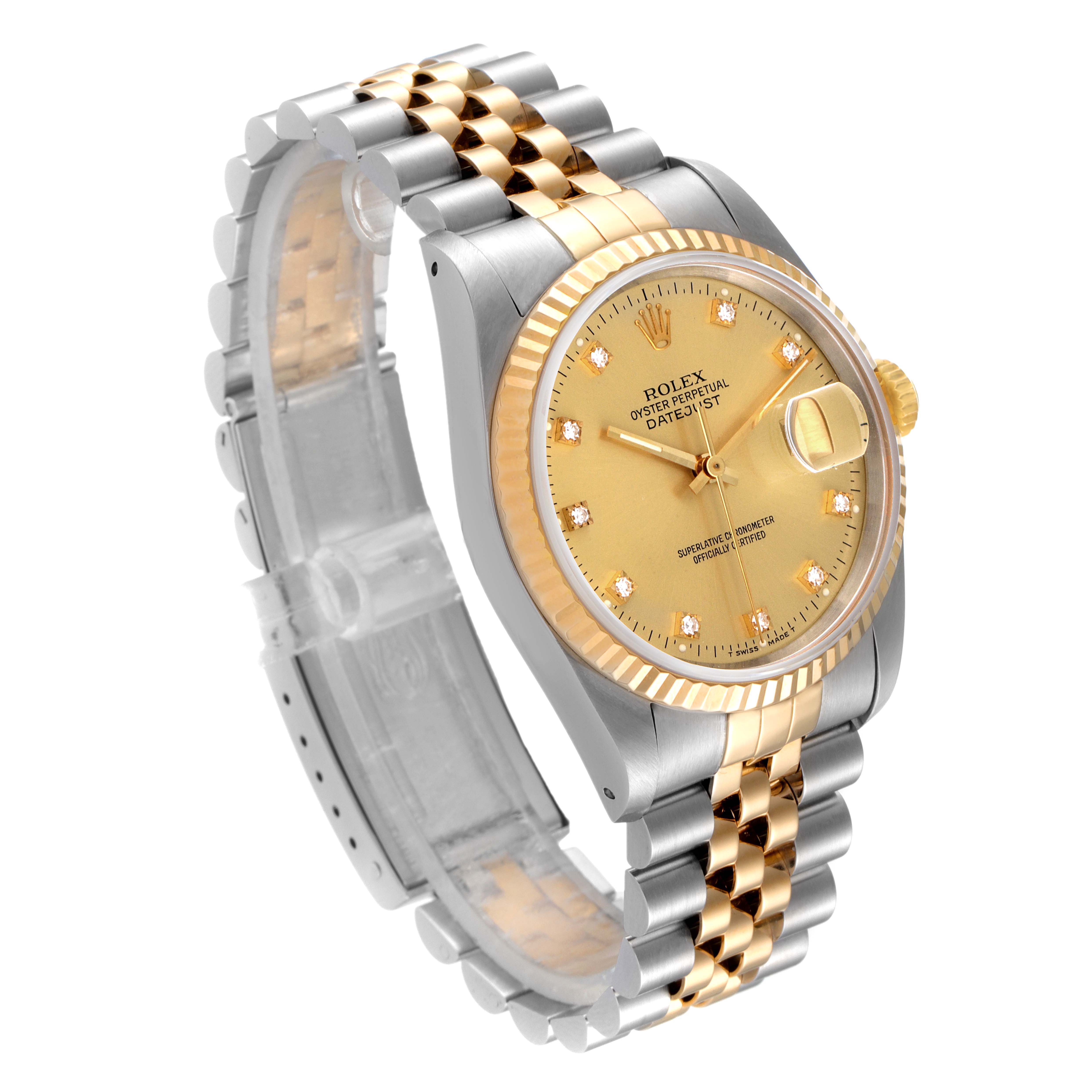 The Rolex Datejust 16233 Men's Steel and Gold (two tone) Champagne Dial 16233 Men's Steel and Gold (two tone) Champagne Dial watch is shown at an angled front view, displaying the dial, bezel, case, and bracelet.