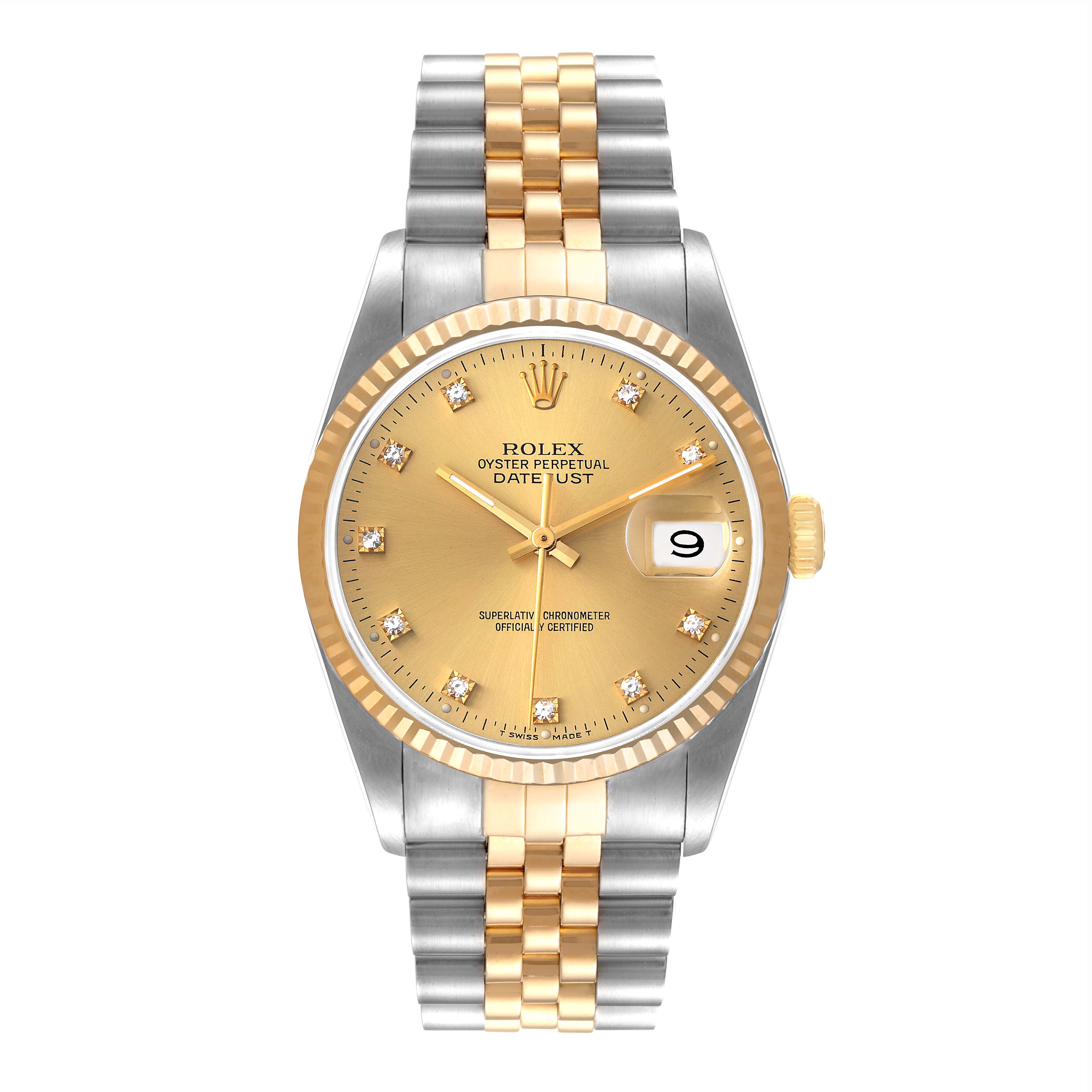 The image shows a frontal view of the Rolex Datejust 16233 Men's Steel and Gold (two tone) Champagne Dial 16233 Men's Steel and Gold (two tone) Champagne Dial watch, highlighting its gold dial, fluted bezel, and two-tone Jubilee bracelet.