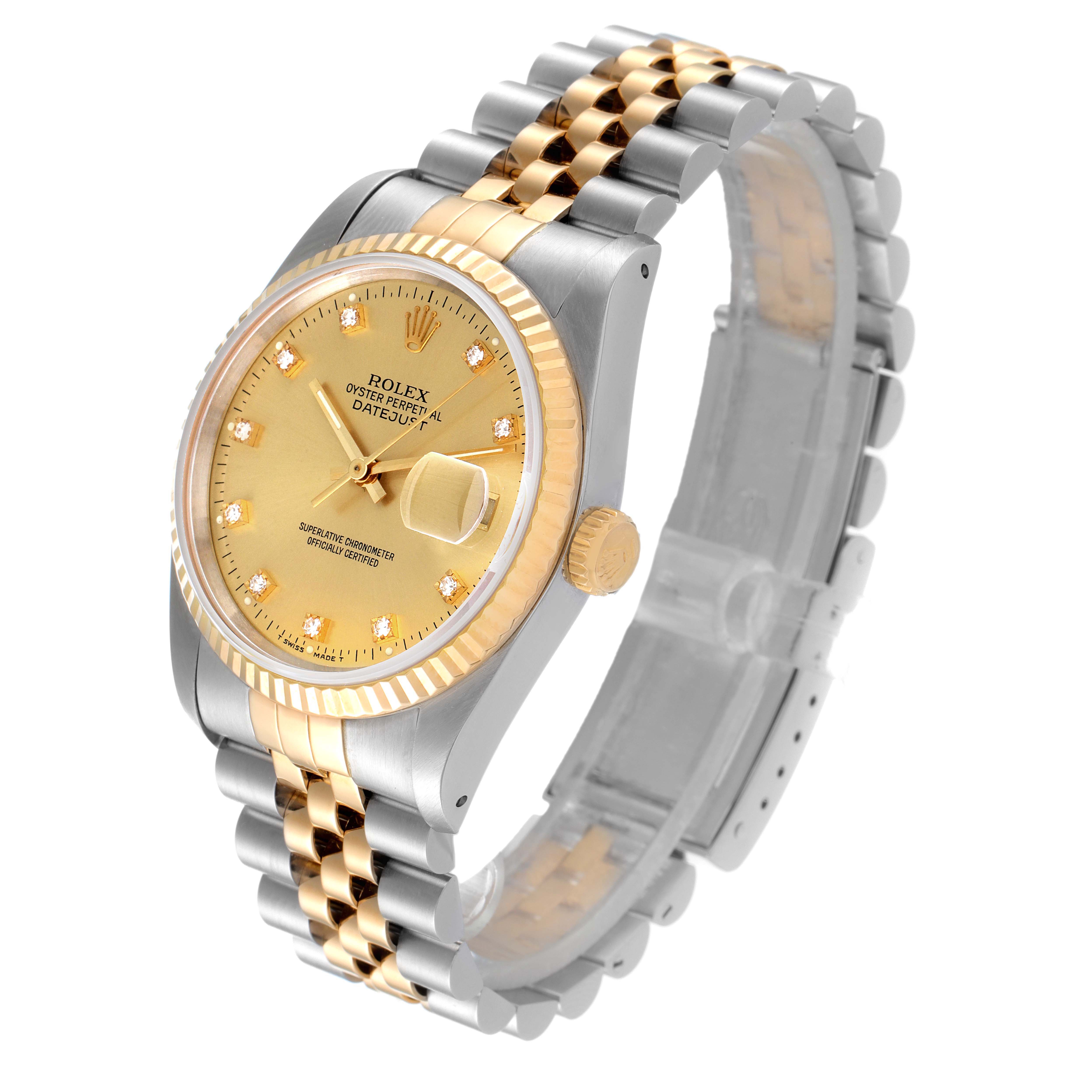 The Rolex Datejust 16233 Men's Steel and Gold (two tone) Champagne Dial 16233 Men's Steel and Gold (two tone) Champagne Dial watch is shown at a high angle, revealing the face, bezel, crown, and bracelet.
