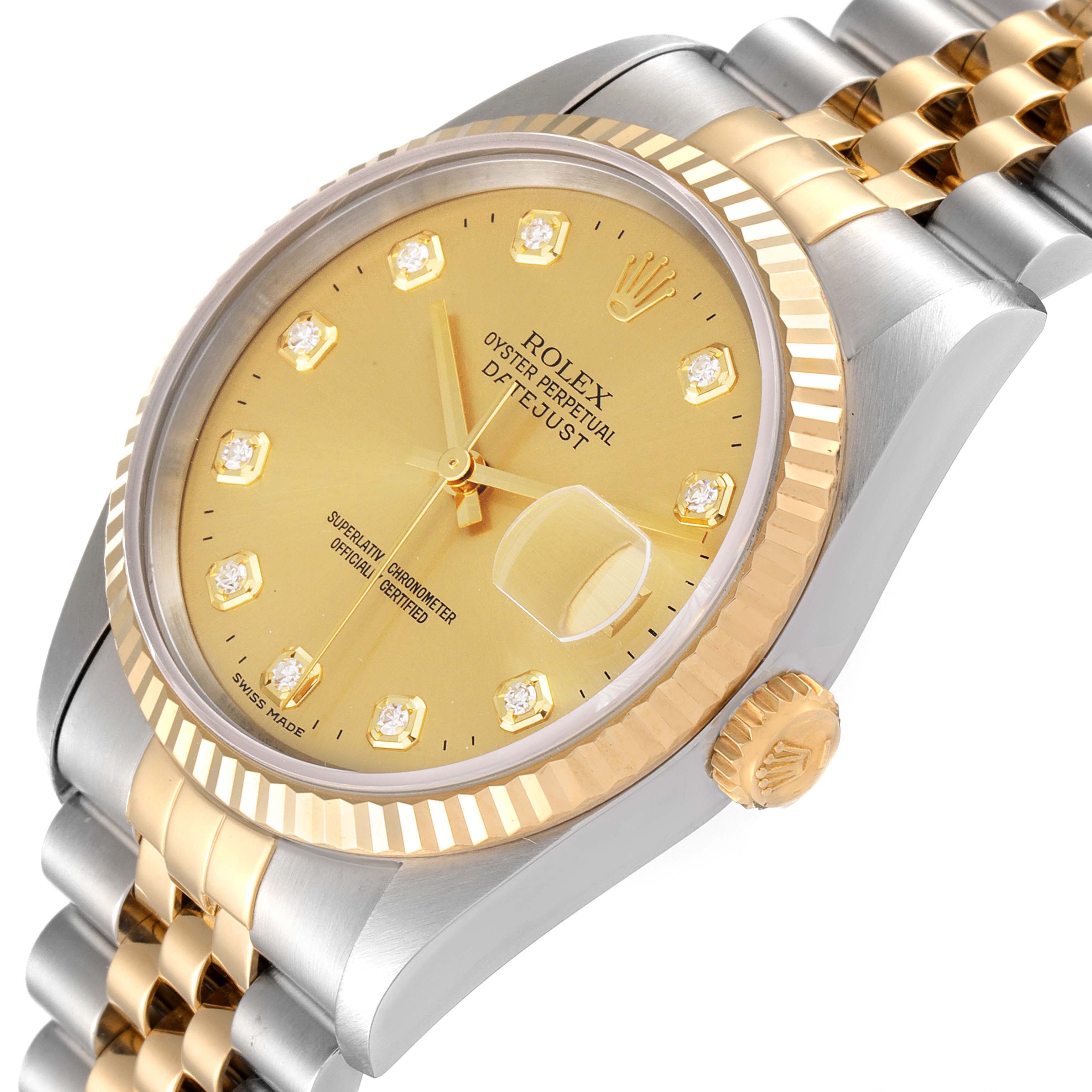 The image showcases a Rolex Datejust 16233 Men
s Steel and Gold (two tone) Champagne Dial 16233 Men
s Steel and Gold (two tone) Champagne Dial watch at a slight angle, highlighting its dial, crown, bezel, and part of the bracelet.