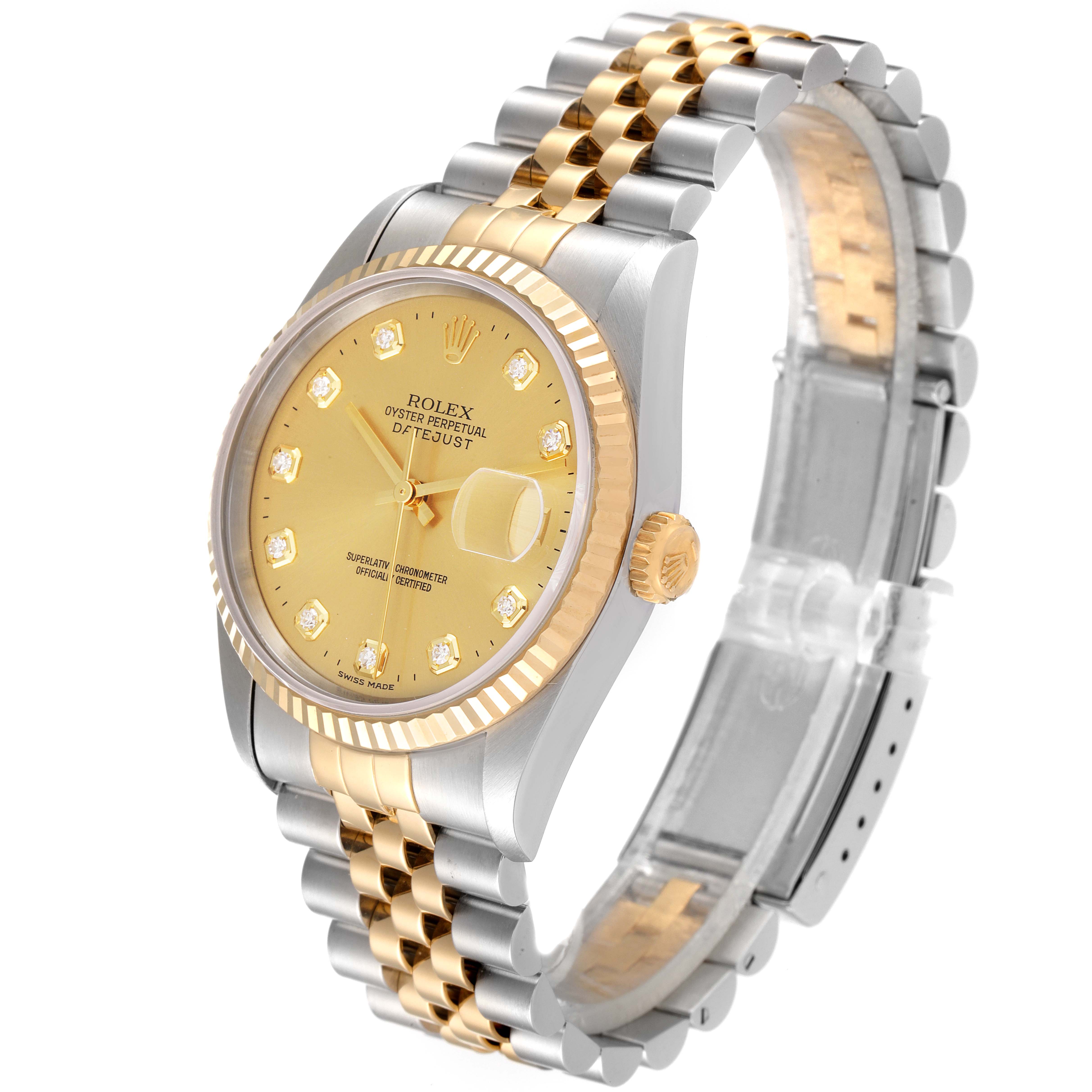 The image shows a side angle of the Rolex Datejust 16233 Men
s Steel and Gold (two tone) Champagne Dial 16233 Men
s Steel and Gold (two tone) Champagne Dial watch, highlighting its two-tone bracelet, gold dial, and fluted bezel.