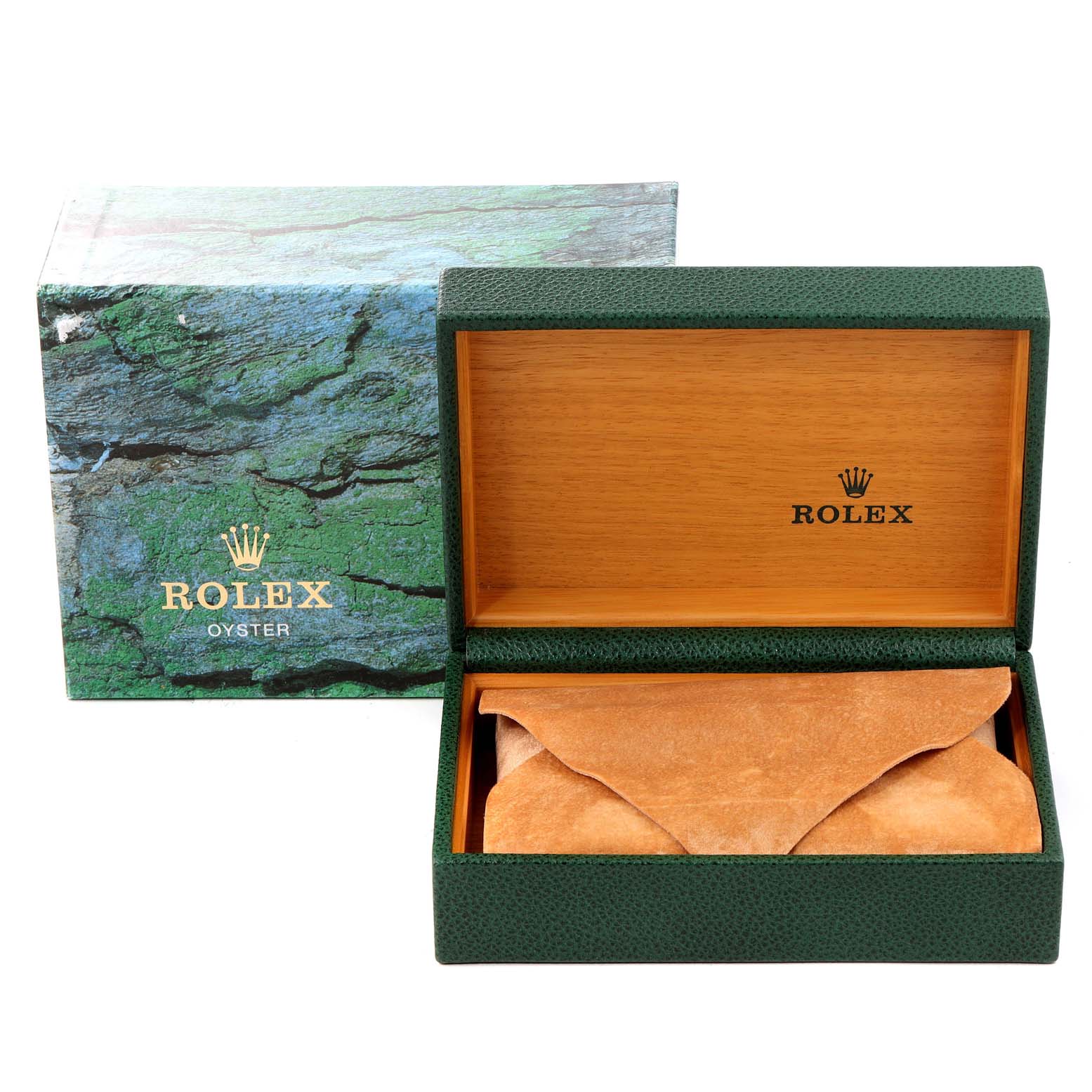 The image shows a Rolex Datejust 16233 Men
s Steel and Gold (two tone) Champagne Dial 16233 Men
s Steel and Gold (two tone) Champagne Dial watch box and outer packaging with the box lid open, revealing a leather watch pouch inside.