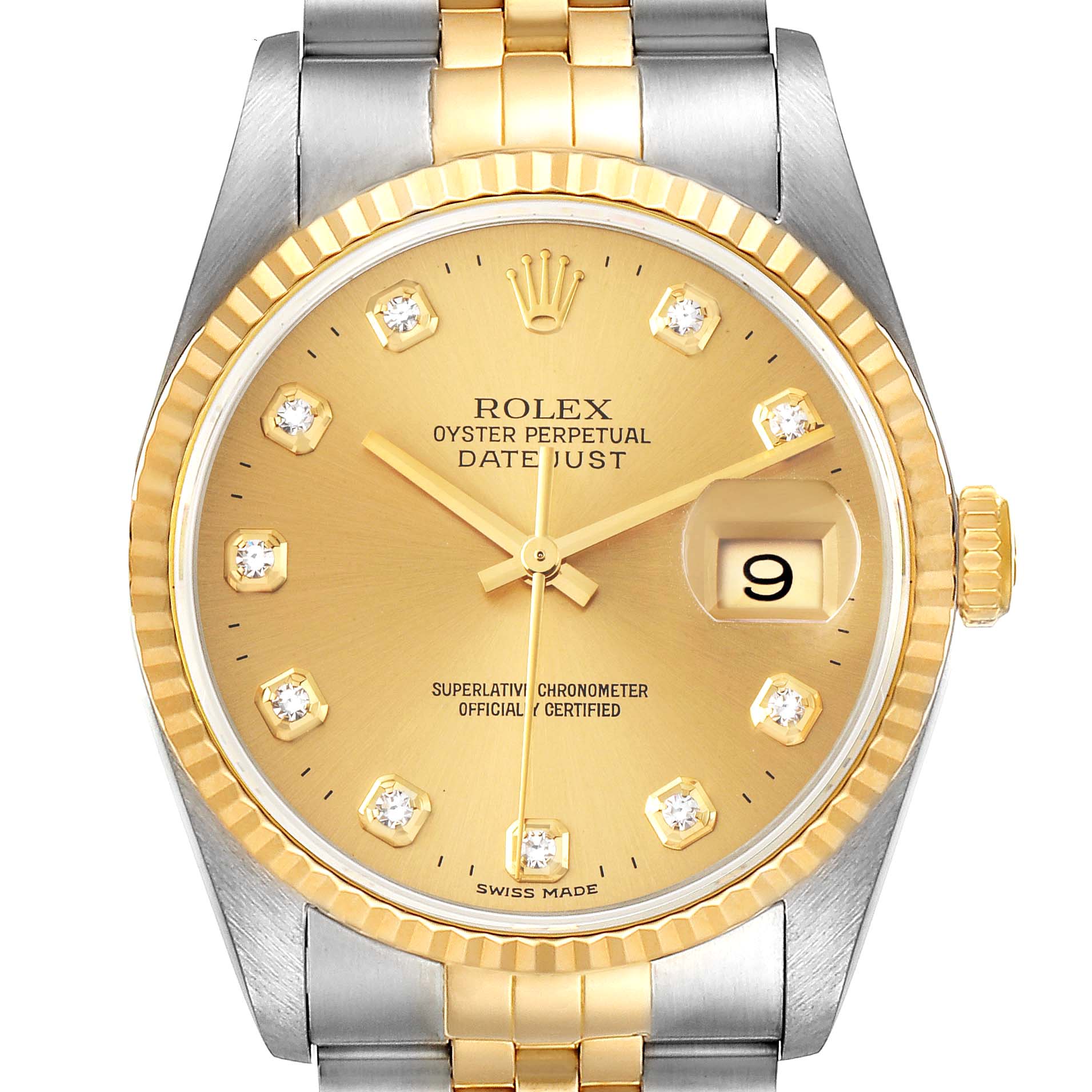 This image shows the front view of a Rolex Datejust 16233 Men
s Steel and Gold (two tone) Champagne Dial 16233 Men
s Steel and Gold (two tone) Champagne Dial watch, highlighting its gold dial, date window, and two-tone bracelet.
