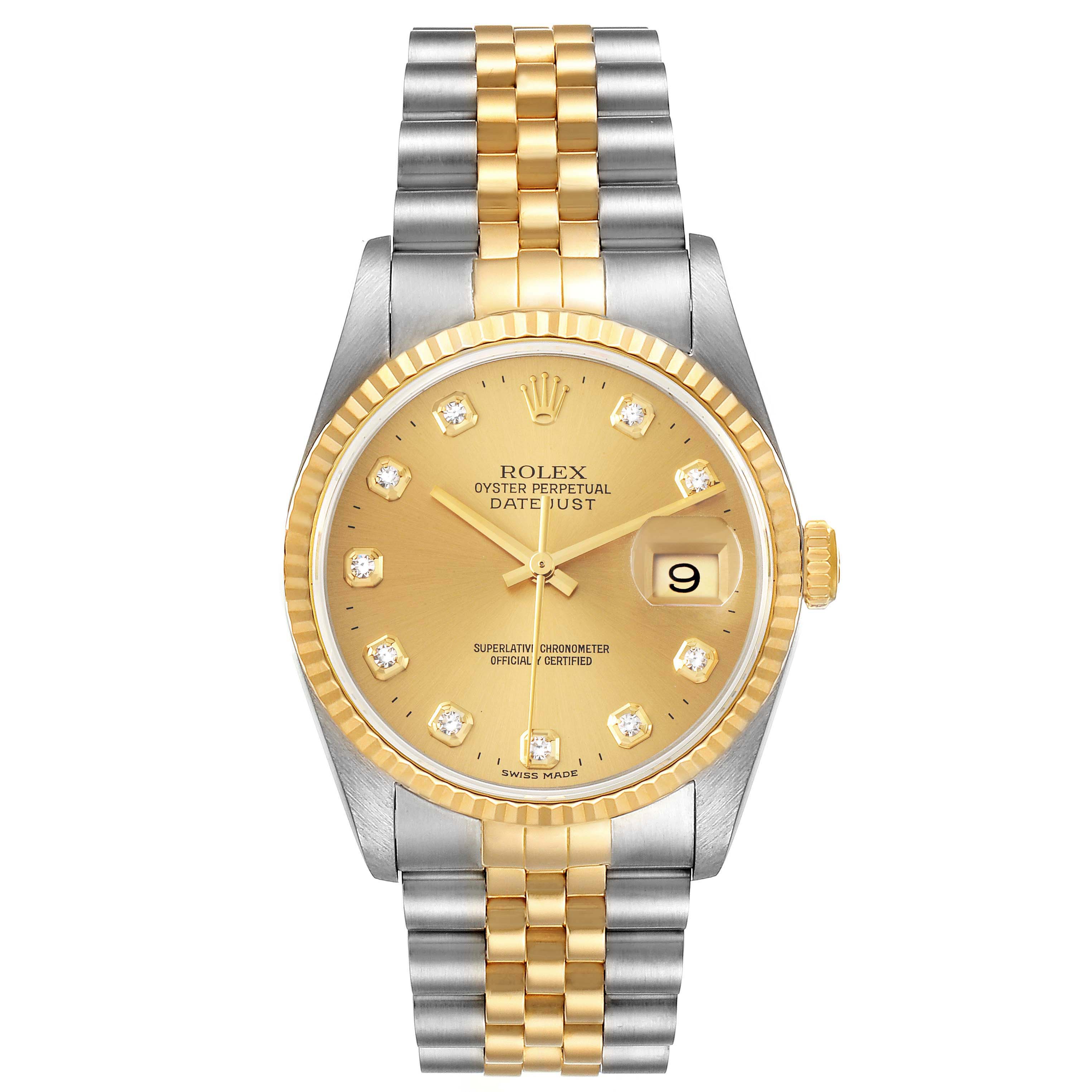 This image shows a front view of a Rolex Datejust 16233 Men
s Steel and Gold (two tone) Champagne Dial 16233 Men
s Steel and Gold (two tone) Champagne Dial watch featuring a gold dial with diamond indices and a two-tone metal bracelet.