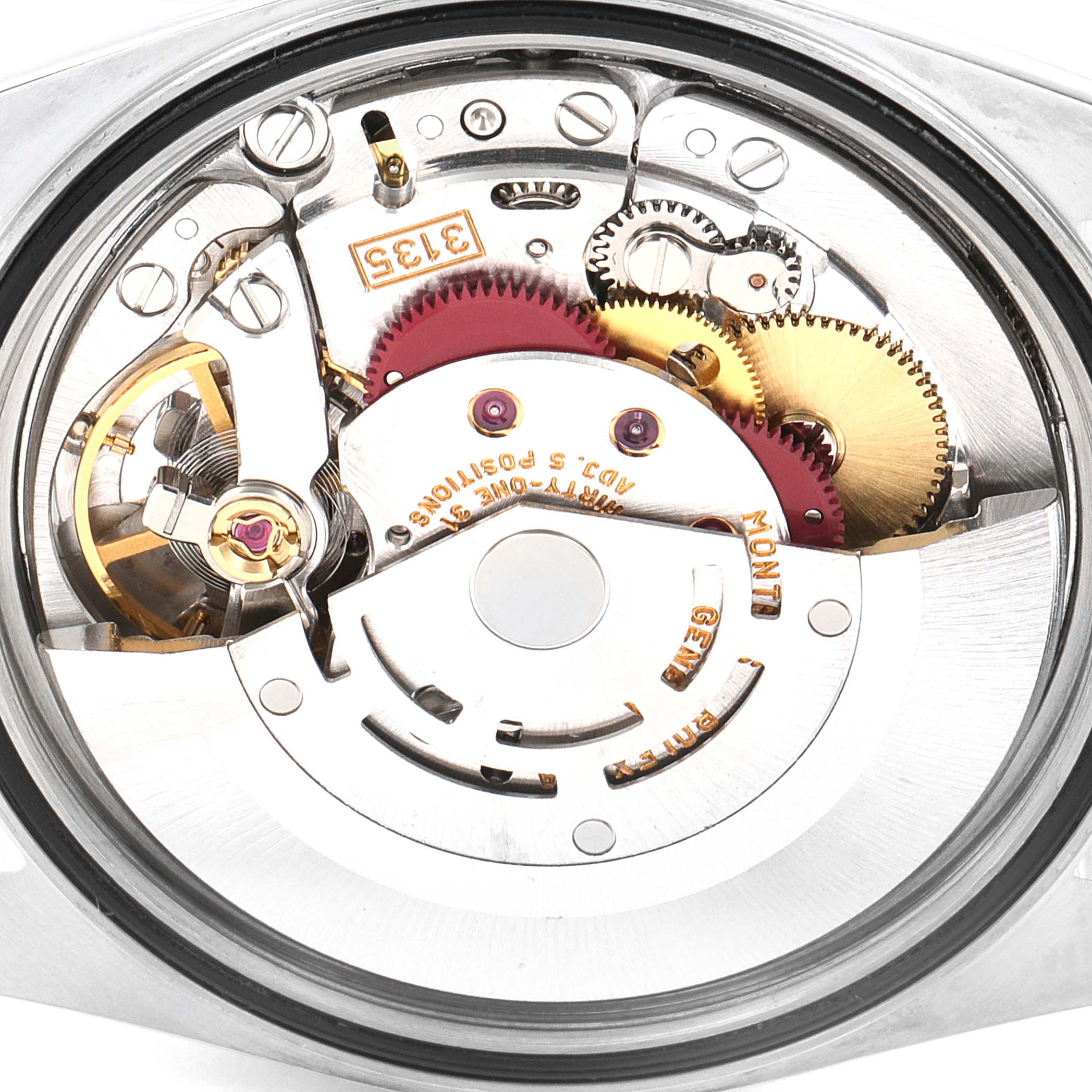 This image shows the internal mechanical movement of a Rolex Datejust 16233 Men
s Steel and Gold (two tone) Champagne Dial 16233 Men
s Steel and Gold (two tone) Champagne Dial watch, viewed from the back.