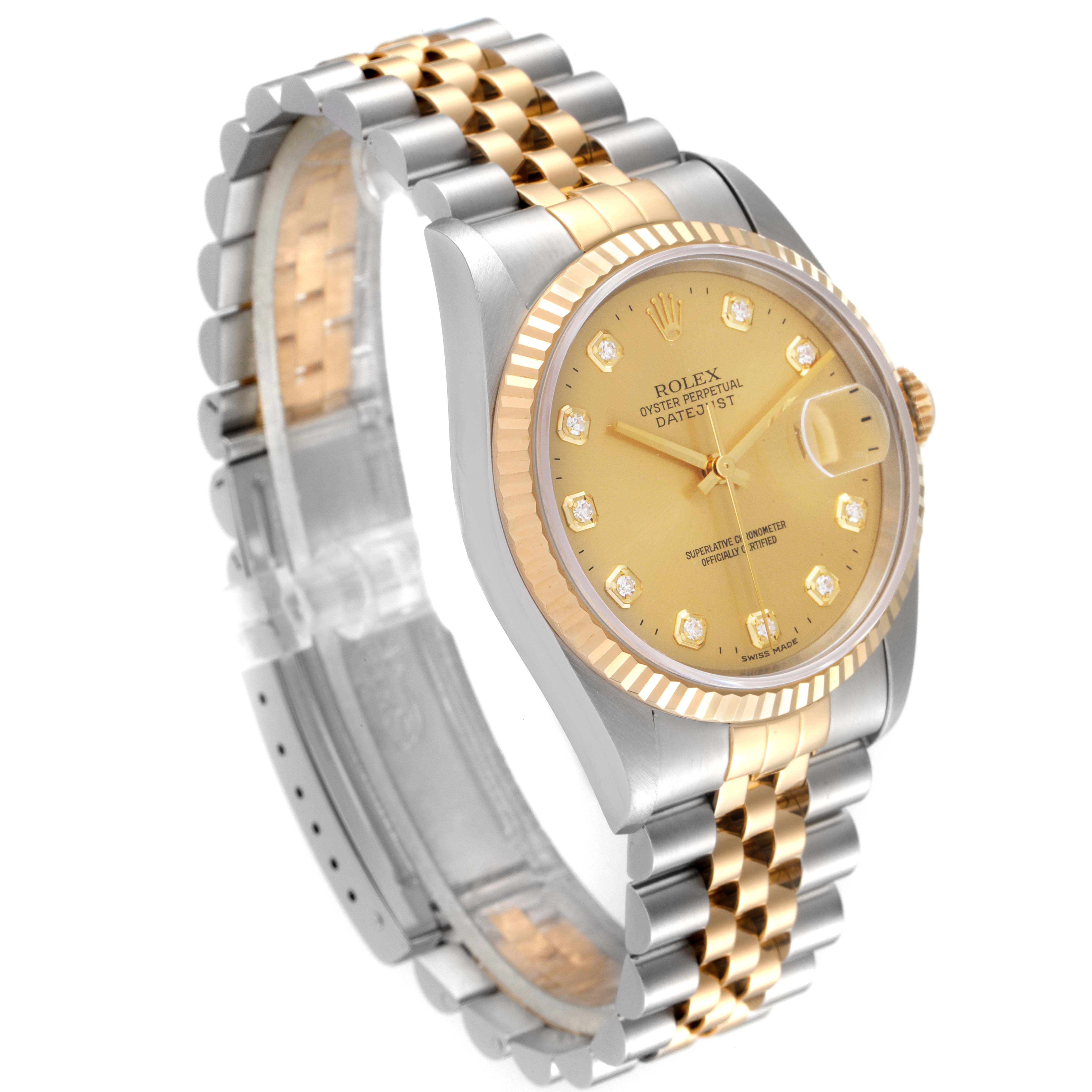 The Rolex Datejust 16233 Men
s Steel and Gold (two tone) Champagne Dial 16233 Men
s Steel and Gold (two tone) Champagne Dial watch is shown from an oblique angle, showcasing its gold face, diamond hour markers, and two-tone bracelet.