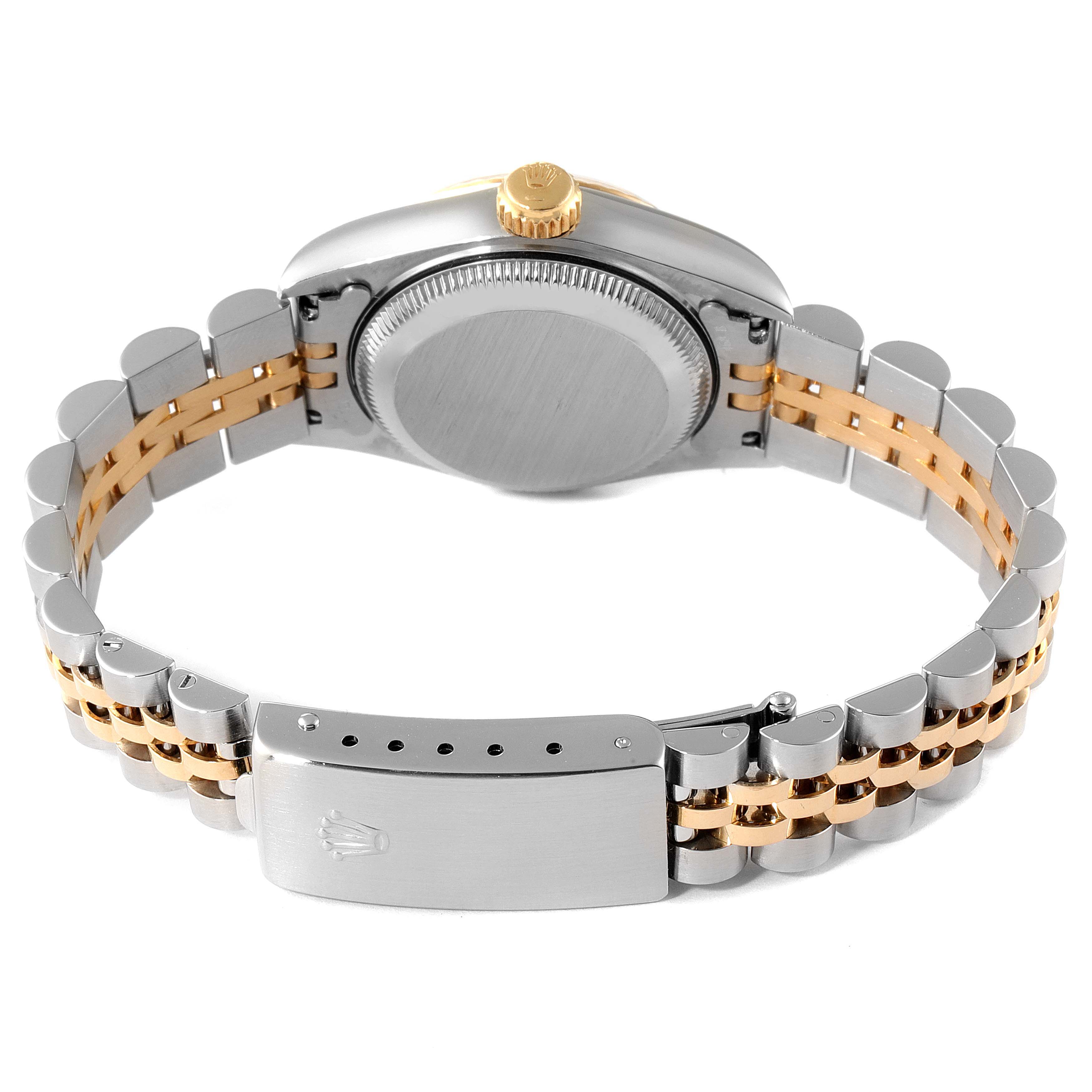 This image shows the back case and bracelet of a Rolex Datejust 69173 Women's Steel and Gold (two tone) White Dial 69173 Women's Steel and Gold (two tone) White Dial watch from a rear angle.
