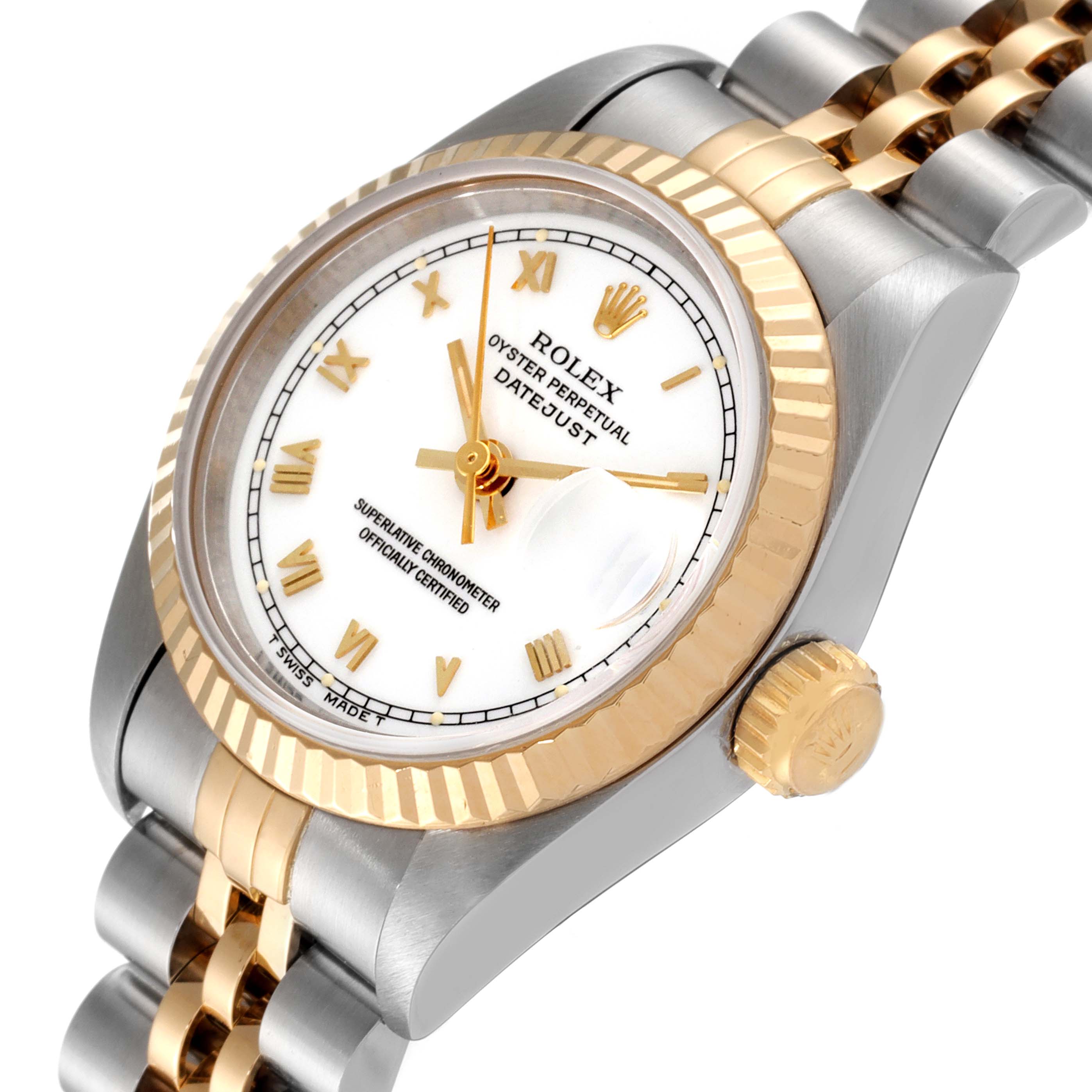This image shows a close-up angled view of the Rolex Datejust 69173 Women's Steel and Gold (two tone) White Dial 69173 Women's Steel and Gold (two tone) White Dial model, highlighting the dial, bezel, crown, and bracelet.
