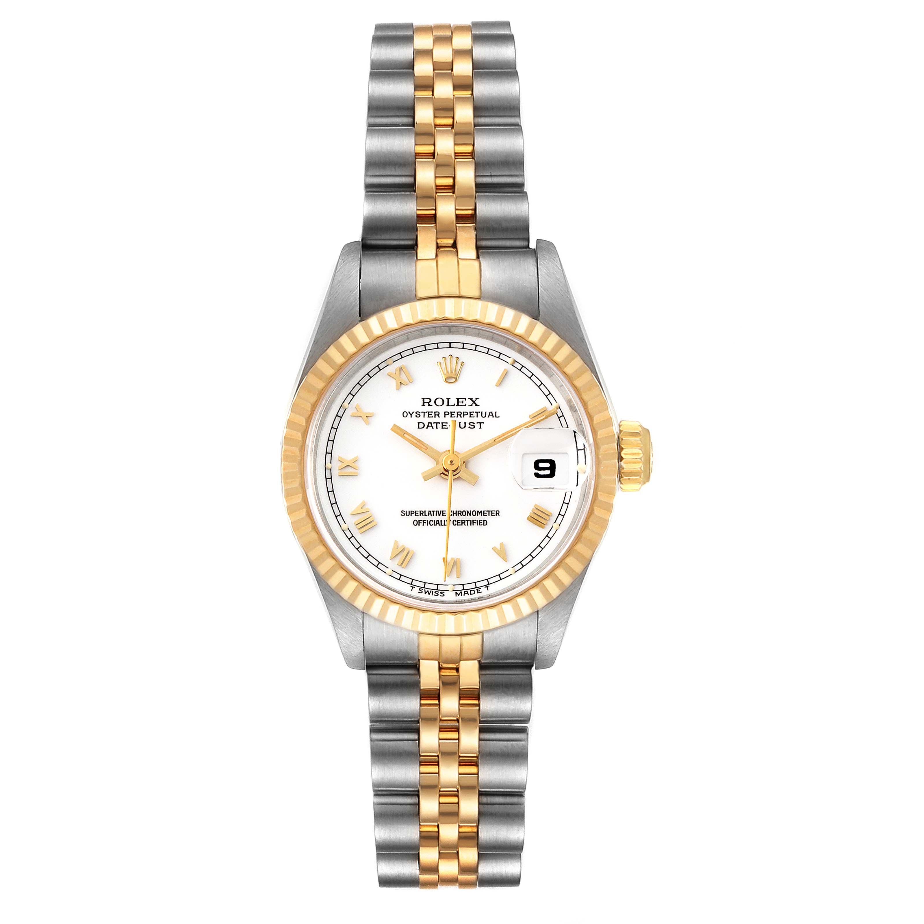 The image shows a front view of a Rolex Datejust 69173 Women's Steel and Gold (two tone) White Dial 69173 Women's Steel and Gold (two tone) White Dial watch featuring its face, bracelet, bezel, and date display.