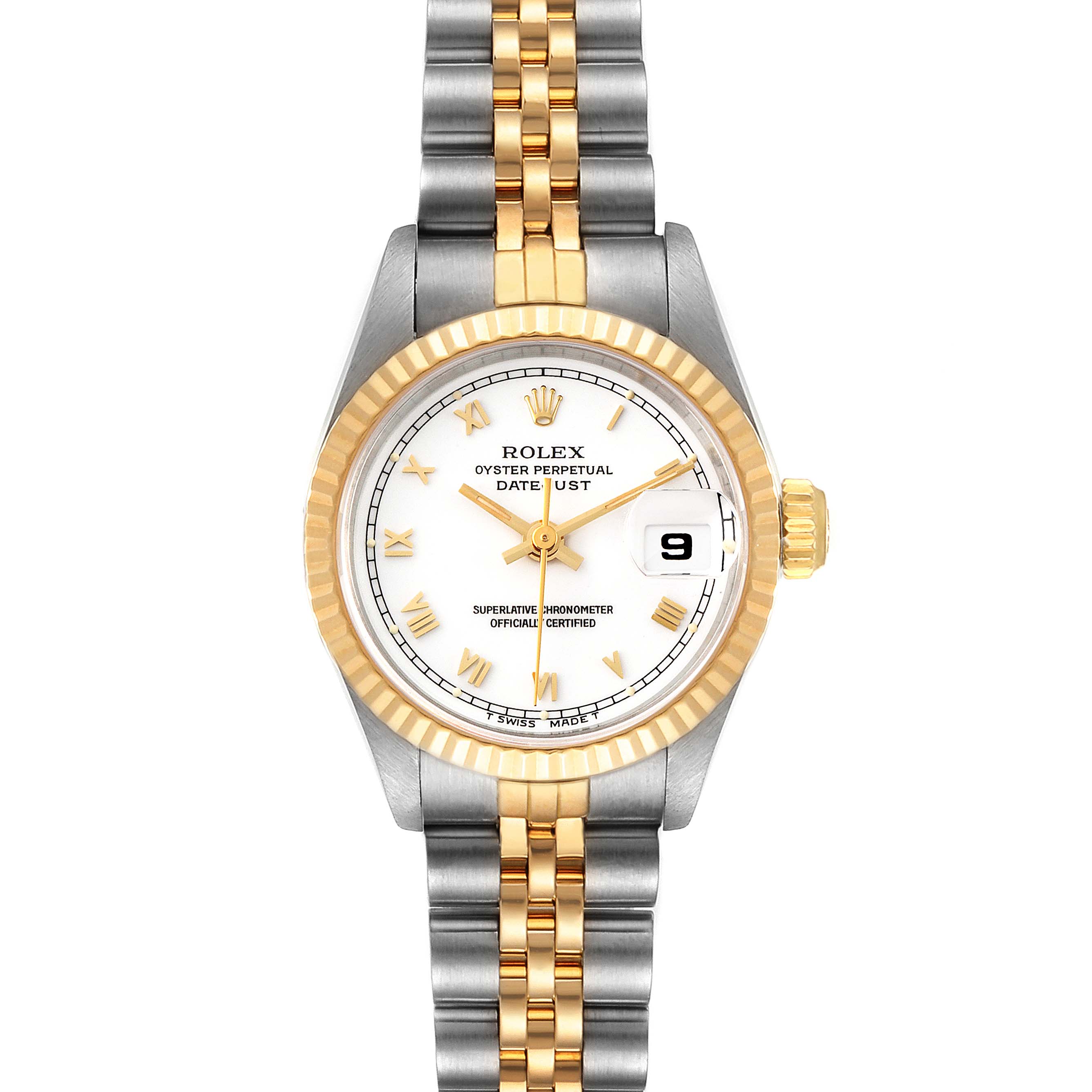 The image shows a Rolex Datejust 69173 Women's Steel and Gold (two tone) White Dial 69173 Women's Steel and Gold (two tone) White Dial watch from the front, featuring a two-tone metal band and a white dial with a gold bezel.