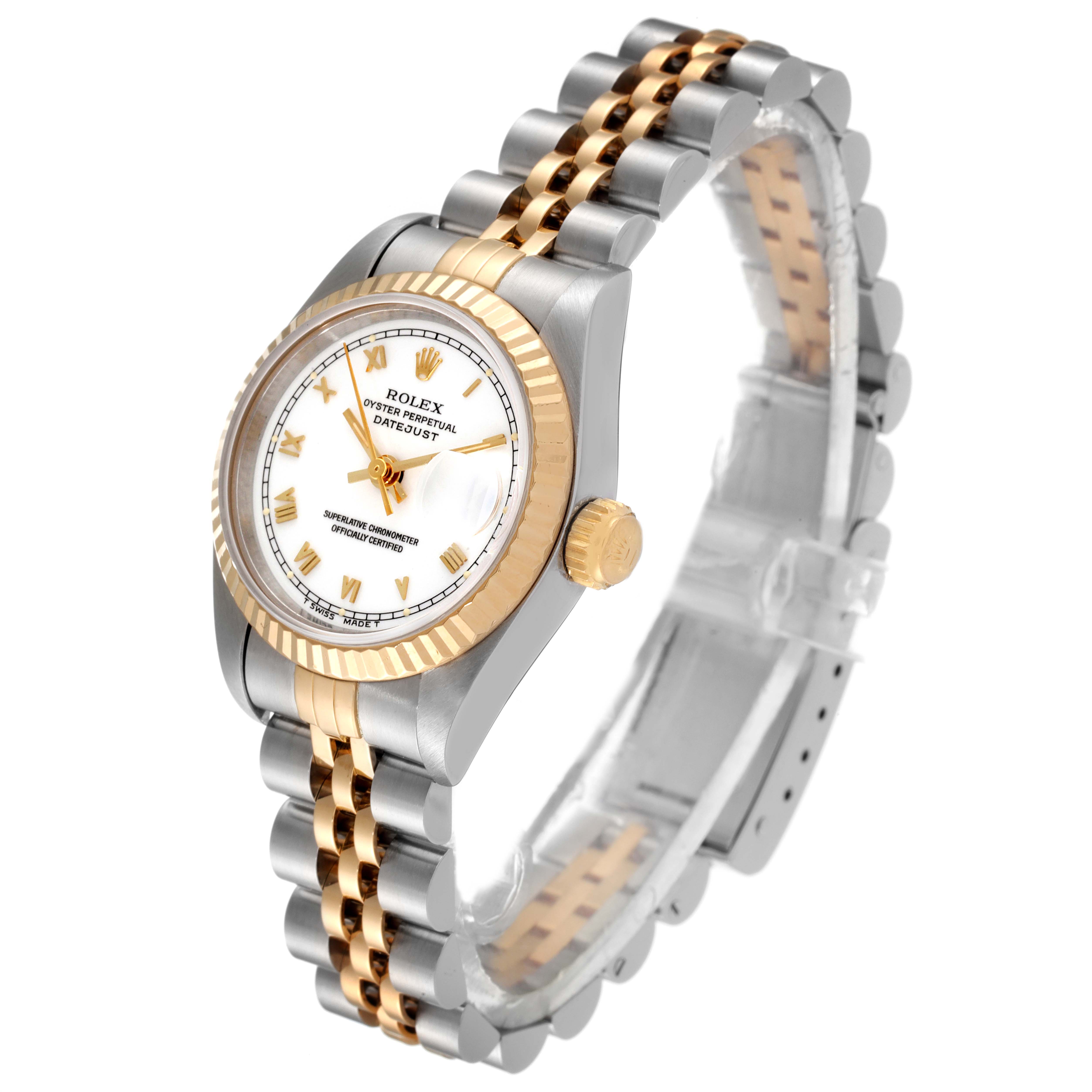 The Rolex Datejust 69173 Women's Steel and Gold (two tone) White Dial 69173 Women's Steel and Gold (two tone) White Dial watch is shown at an oblique angle, displaying its face, fluted bezel, and two-tone bracelet.
