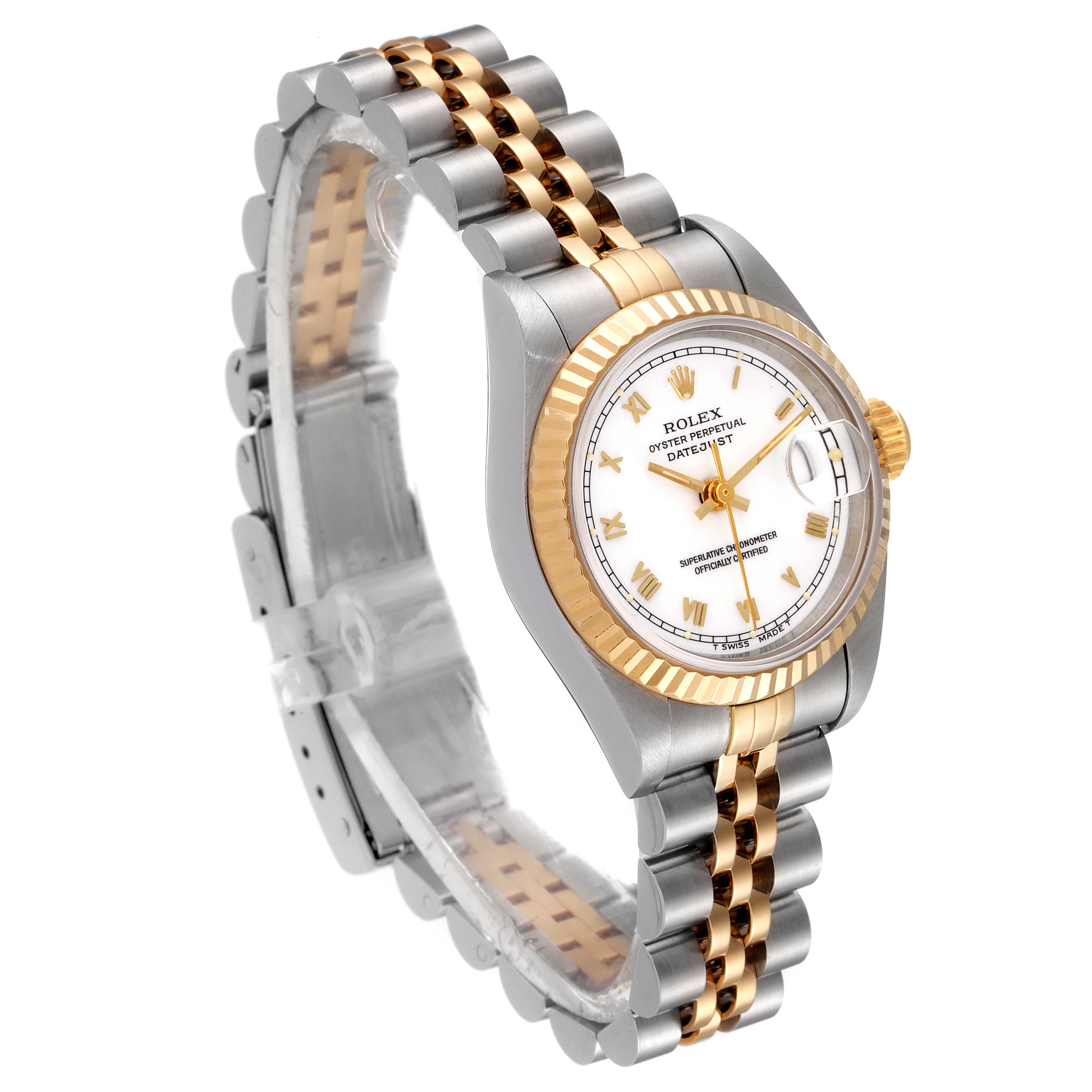The image shows a Rolex Datejust 69173 Women's Steel and Gold (two tone) White Dial 69173 Women's Steel and Gold (two tone) White Dial watch from a three-quarter angle, displaying its silver and gold bracelet, fluted bezel, and white dial.