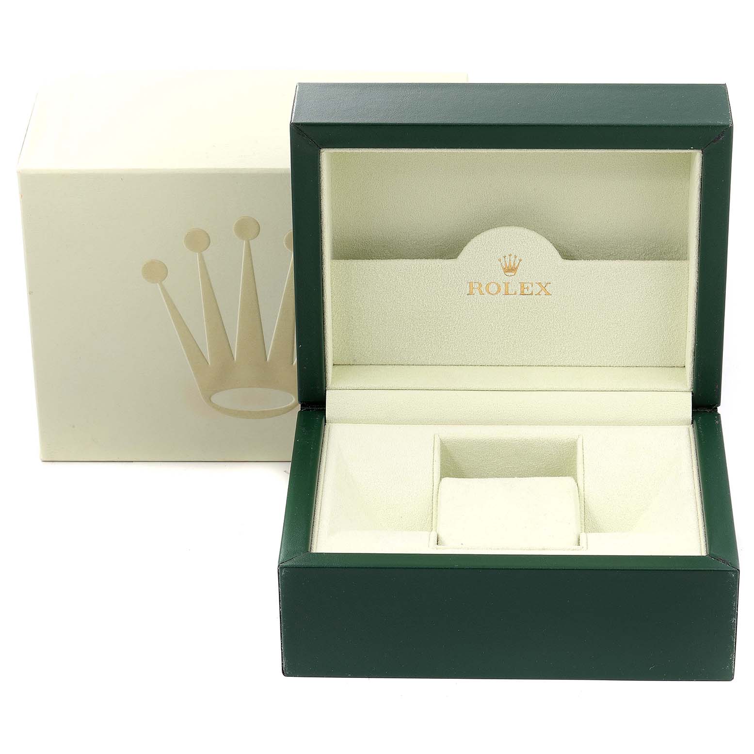 The image shows an open green and beige Rolex watch box for a Datejust model, along with the outer packaging box.