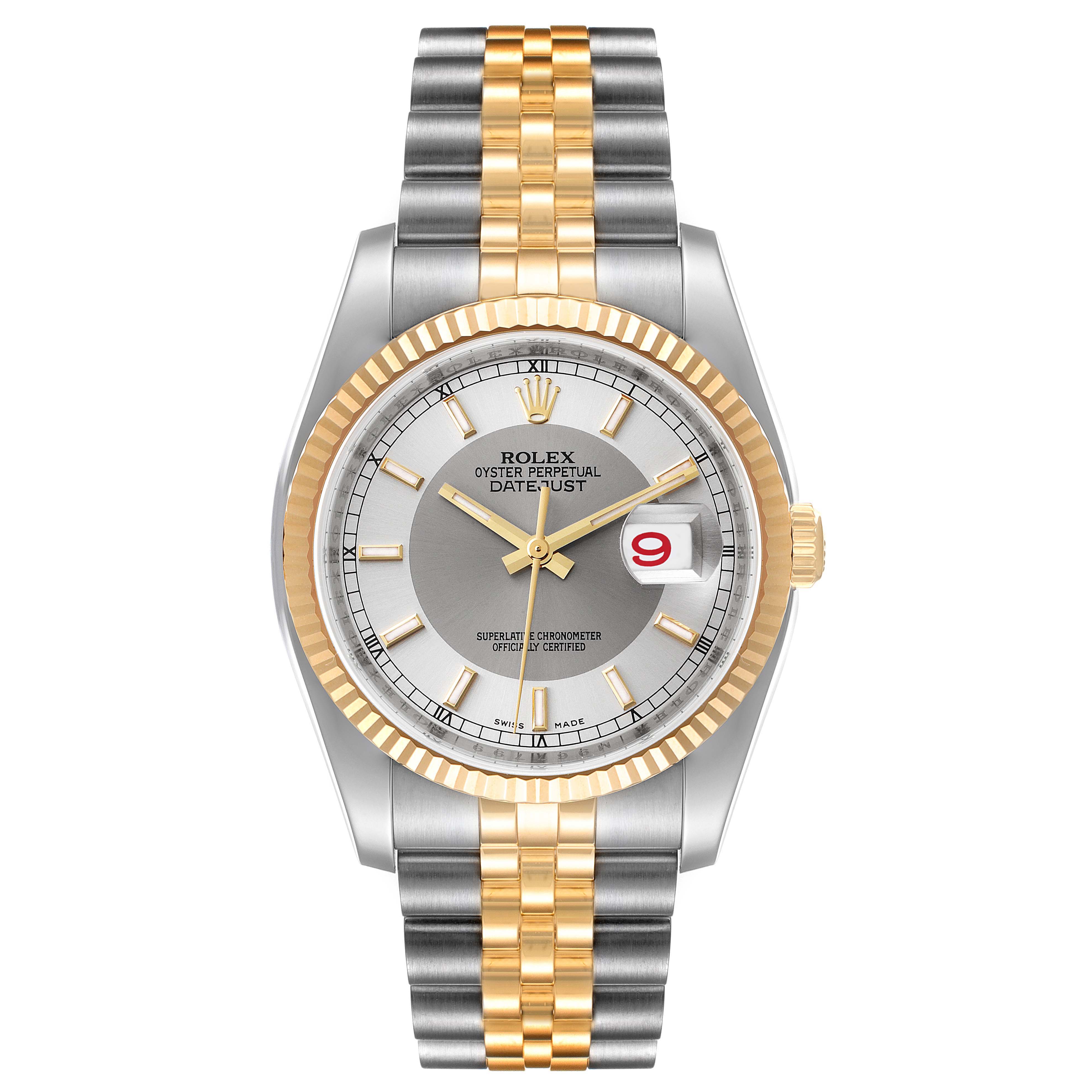 This image shows a Rolex Datejust 116233 Men's Steel and Gold (two tone) Silver Dial 116233 Men's Steel and Gold (two tone) Silver Dial watch from a front angle, featuring a gold and silver two-tone bracelet, and a grey dial with a date window.