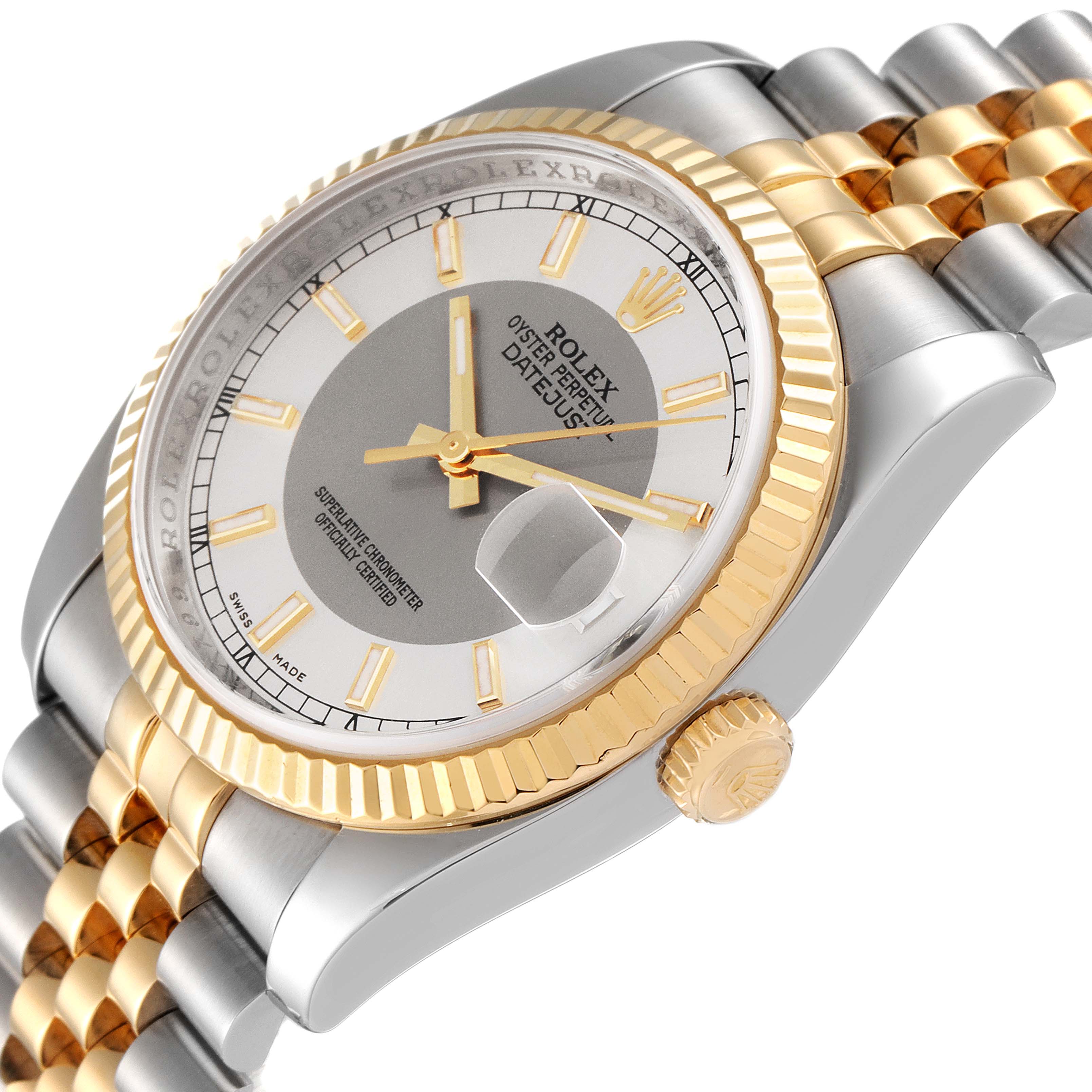 This image shows a close-up of the Rolex Datejust 116233 Men's Steel and Gold (two tone) Silver Dial 116233 Men's Steel and Gold (two tone) Silver Dial watch at an angle, highlighting the face, bezel, crown, and part of the bracelet.