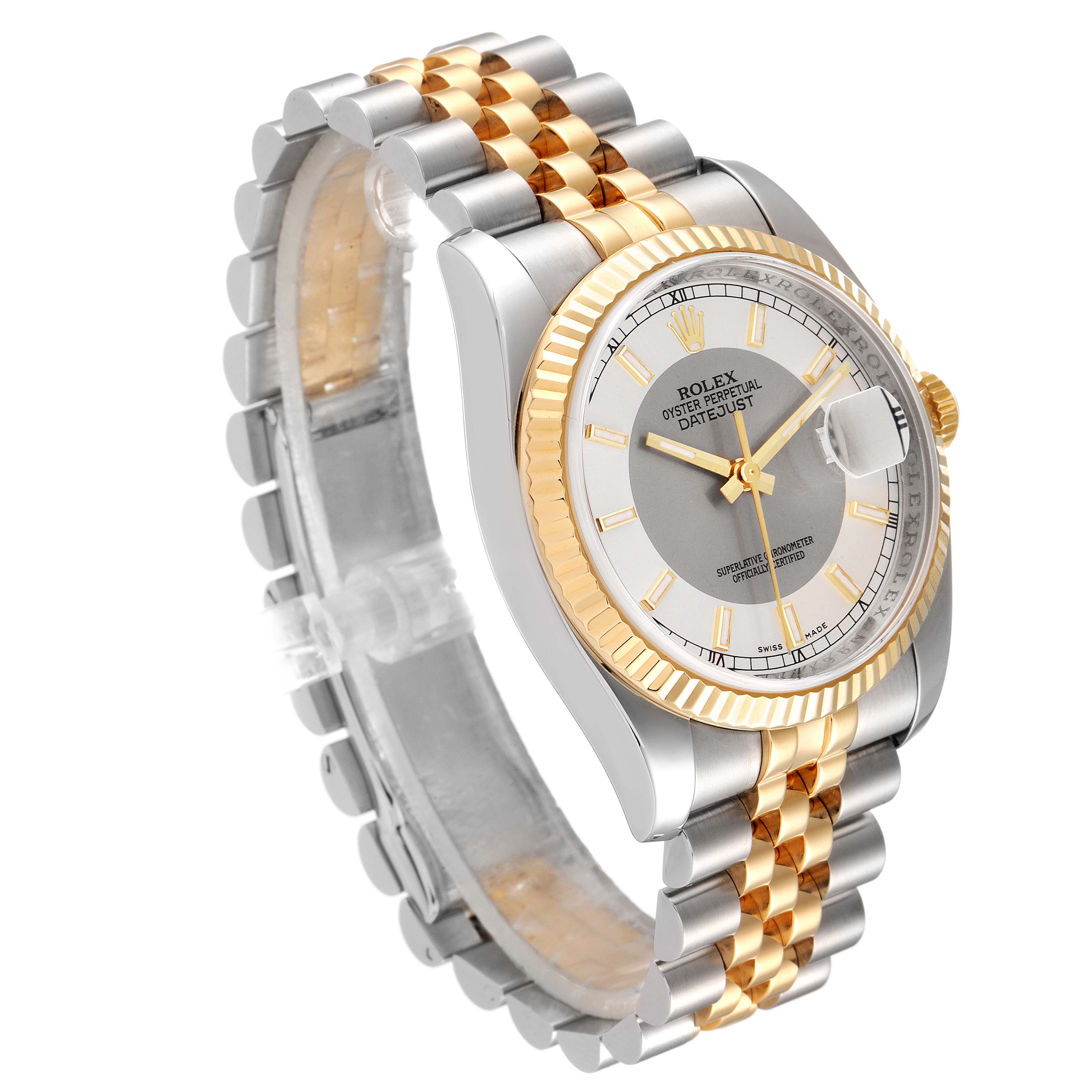The image shows a Rolex Datejust 116233 Men's Steel and Gold (two tone) Silver Dial 116233 Men's Steel and Gold (two tone) Silver Dial watch at an angle, highlighting its two-tone bracelet, fluted bezel, and white dial.