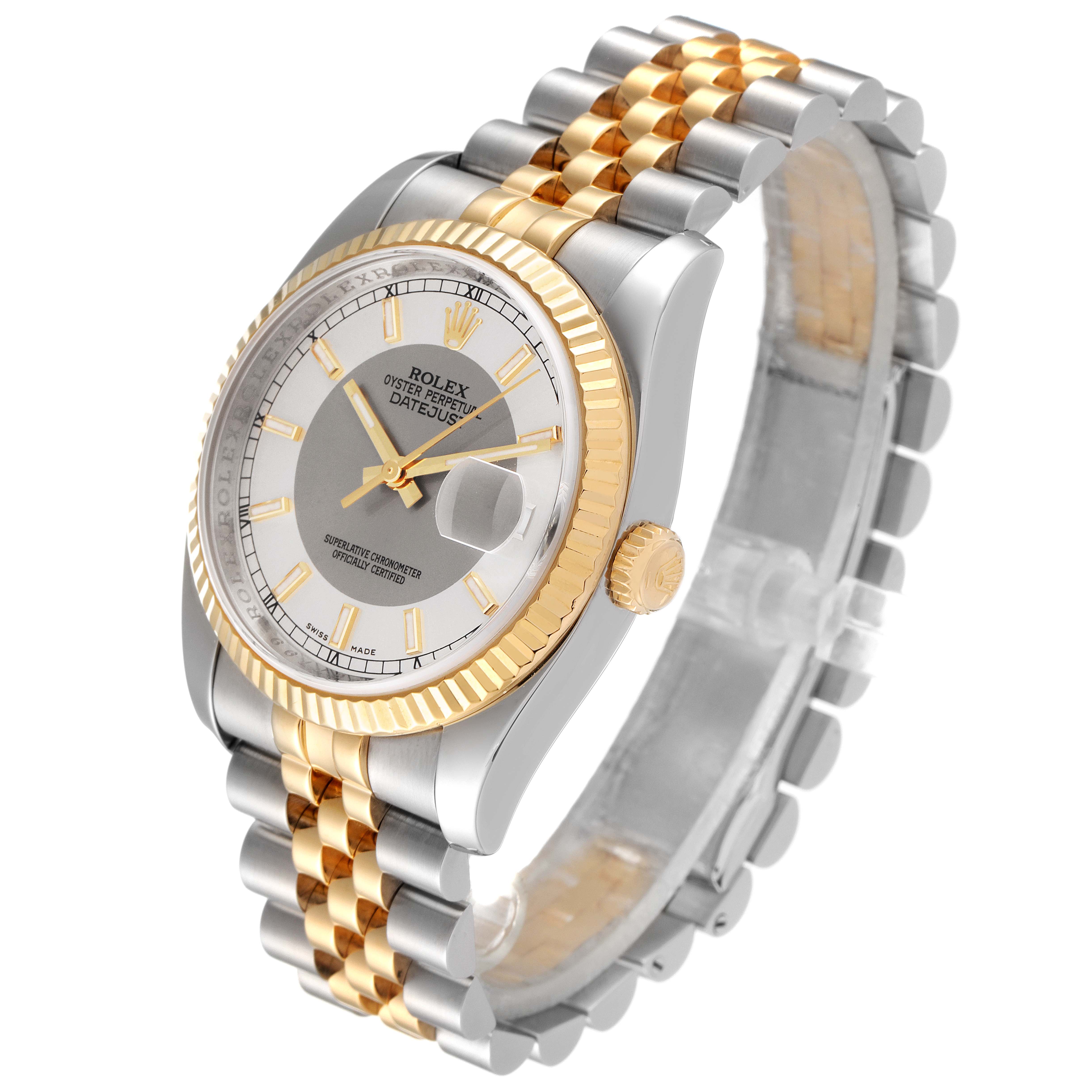 The image shows a Rolex Datejust 116233 Men's Steel and Gold (two tone) Silver Dial 116233 Men's Steel and Gold (two tone) Silver Dial model watch at an oblique angle highlighting the face, bezel, and Jubilee bracelet.