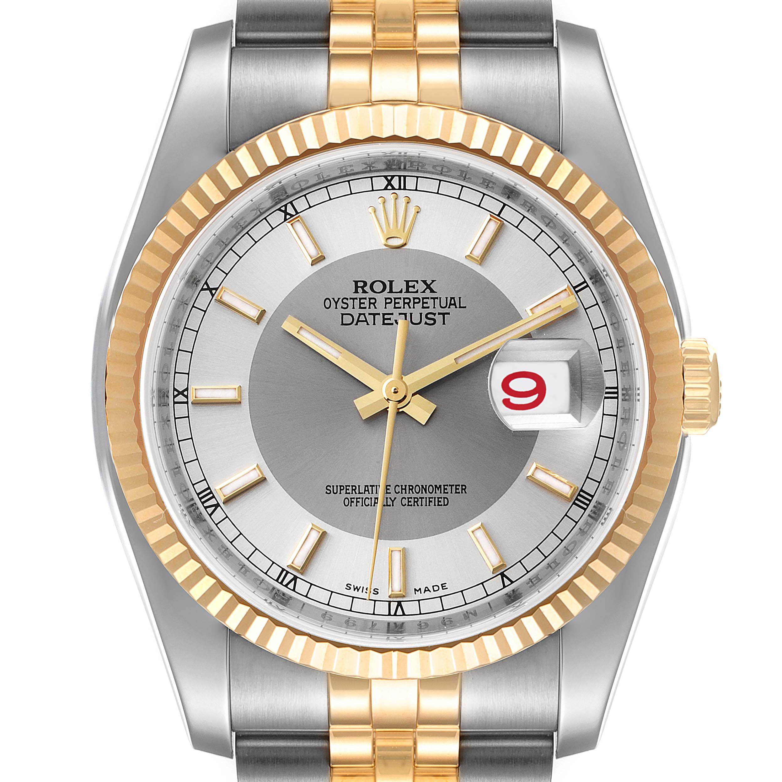 The image shows a close-up, front view of the Rolex Datejust 116233 Men's Steel and Gold (two tone) Silver Dial 116233 Men's Steel and Gold (two tone) Silver Dial watch, highlighting its dial, hands, date window, and bi-metal band.