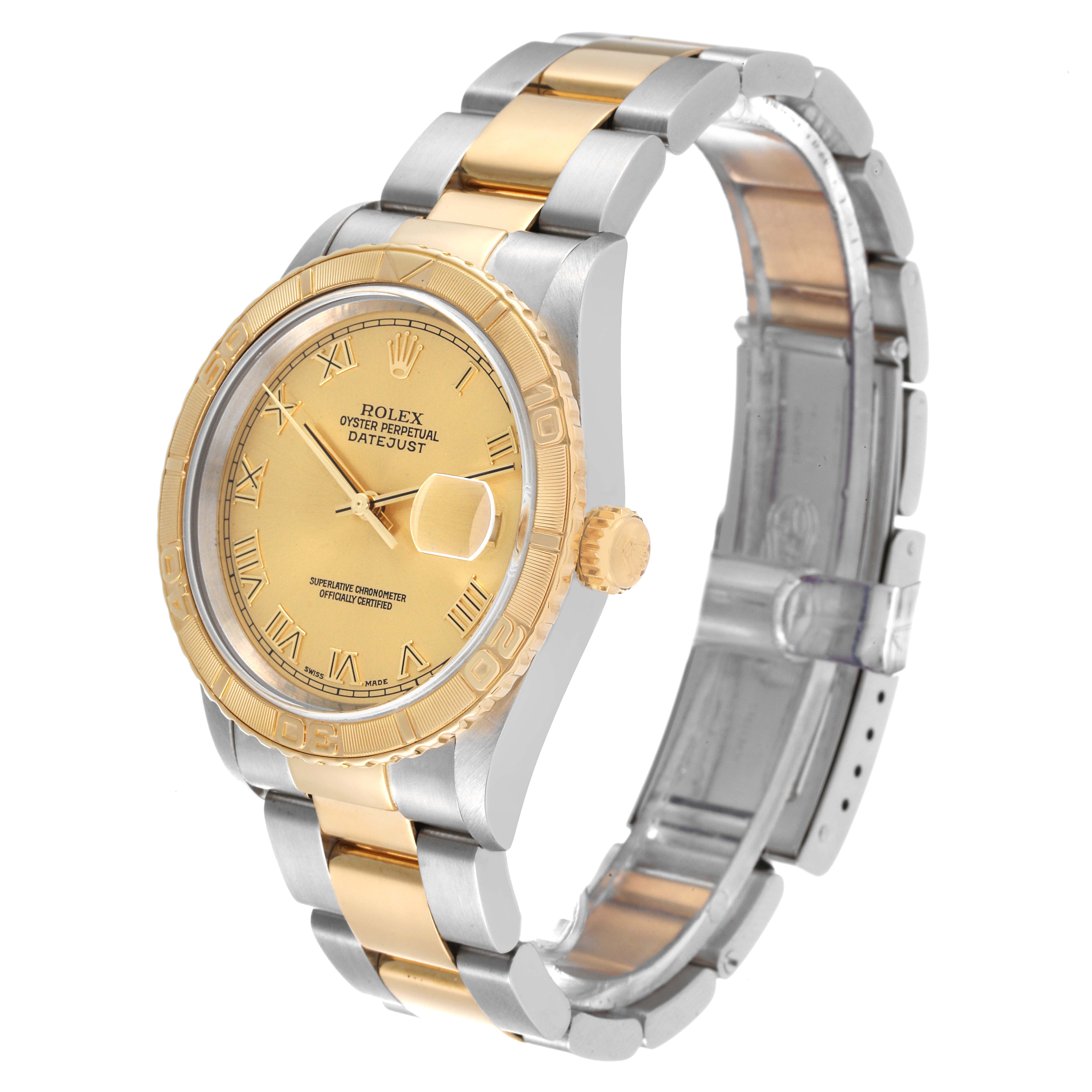 The image shows a Rolex Turn-o-Graph 16263 Men's Steel and Gold (two tone) Champagne Dial 16263 Men's Steel and Gold (two tone) Champagne Dial watch at an angled view, highlighting its gold and silver two-tone bracelet and bezel.
