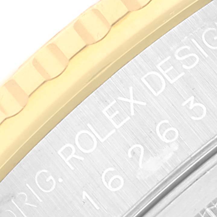 The image shows a close-up of the bezel and case side of a Rolex Turn-o-Graph 16263 Men's Steel and Gold (two tone) Champagne Dial 16263 Men's Steel and Gold (two tone) Champagne Dial watch, with the brand engraving visible.