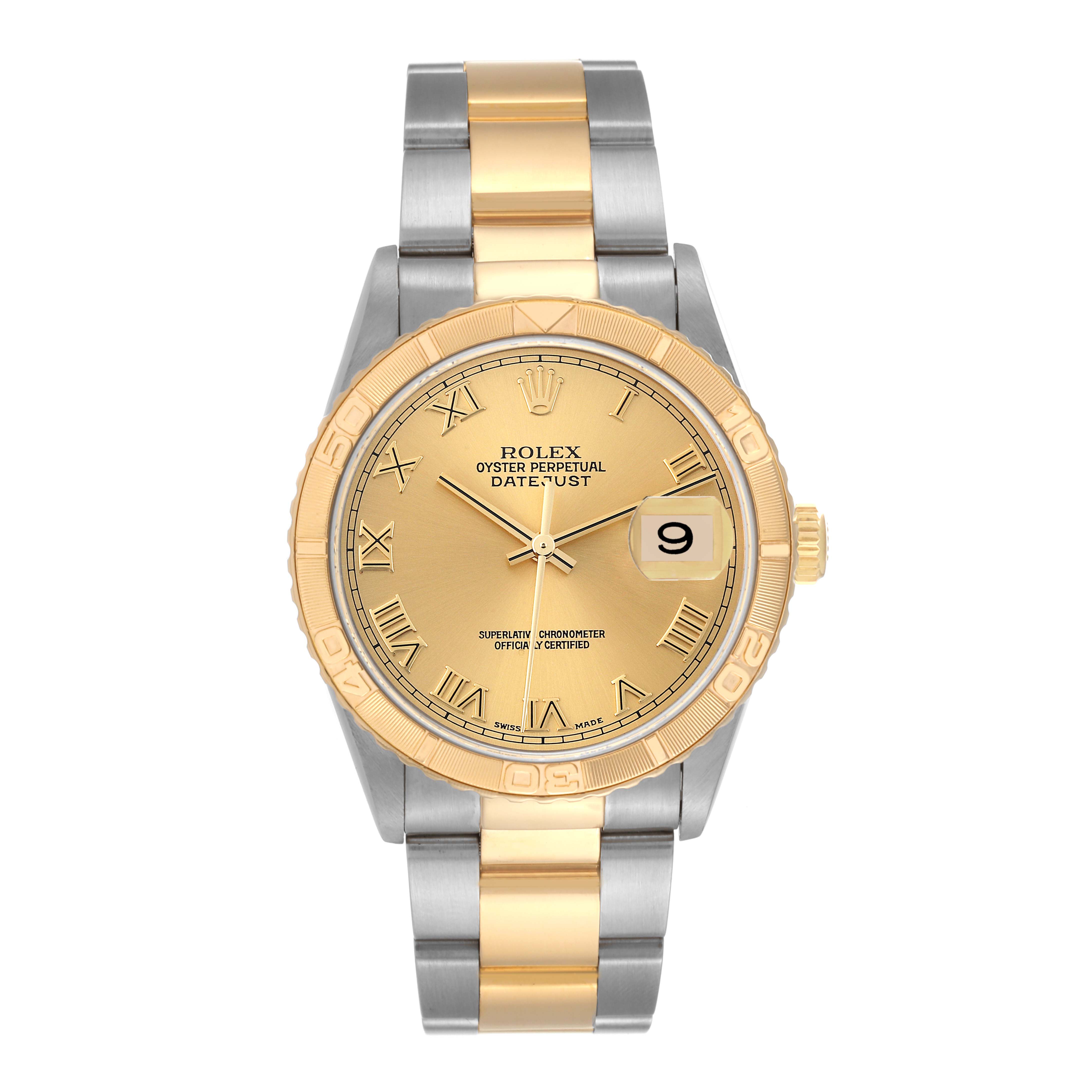 This image shows a Rolex Turn-o-Graph 16263 Men's Steel and Gold (two tone) Champagne Dial 16263 Men's Steel and Gold (two tone) Champagne Dial watch from a front angle, displaying the bezel, dial, hands, and bracelet.