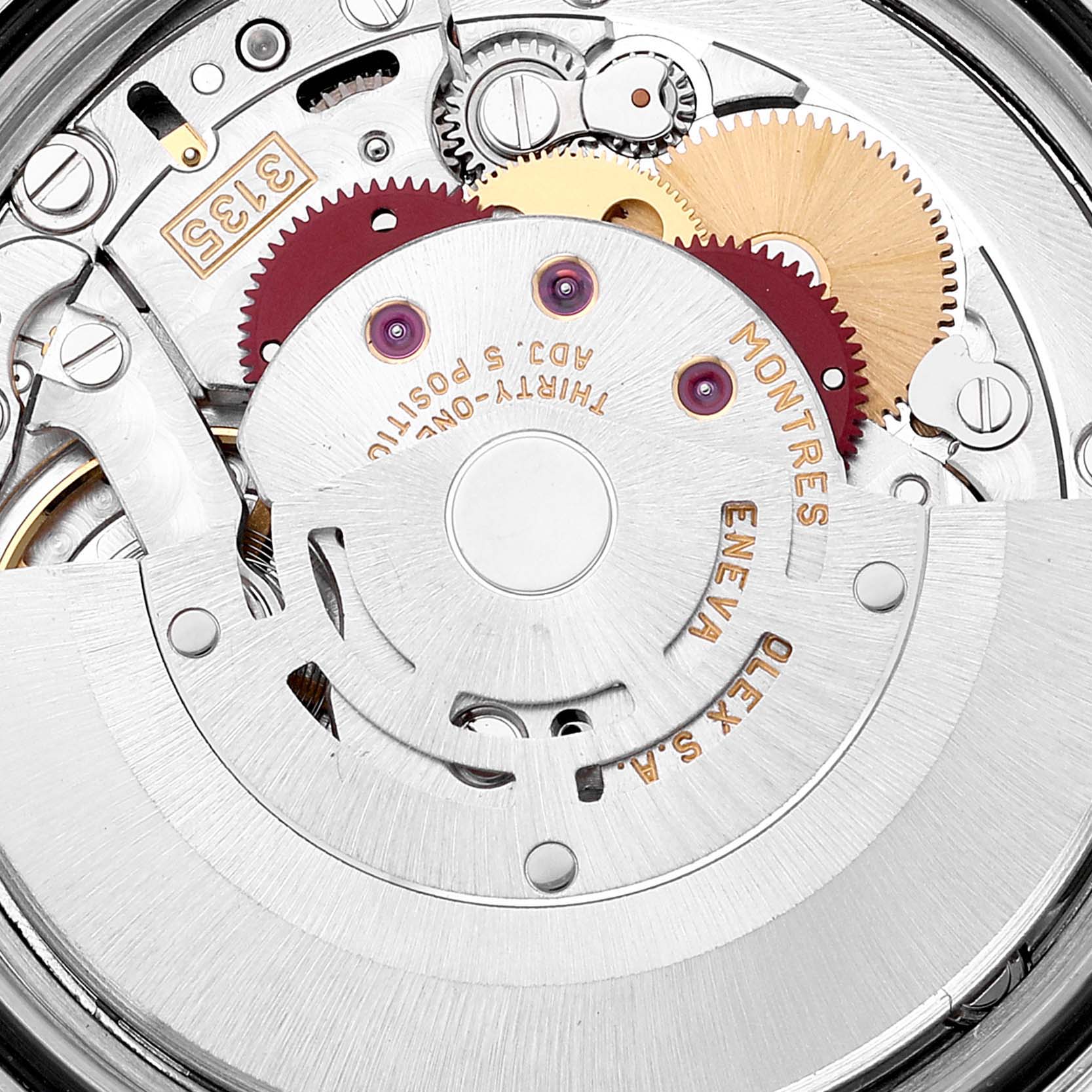 This image shows the intricate internal mechanism and gears of a Rolex Turn-o-Graph 16263 Men's Steel and Gold (two tone) Champagne Dial 16263 Men's Steel and Gold (two tone) Champagne Dial watch from a close-up angle.