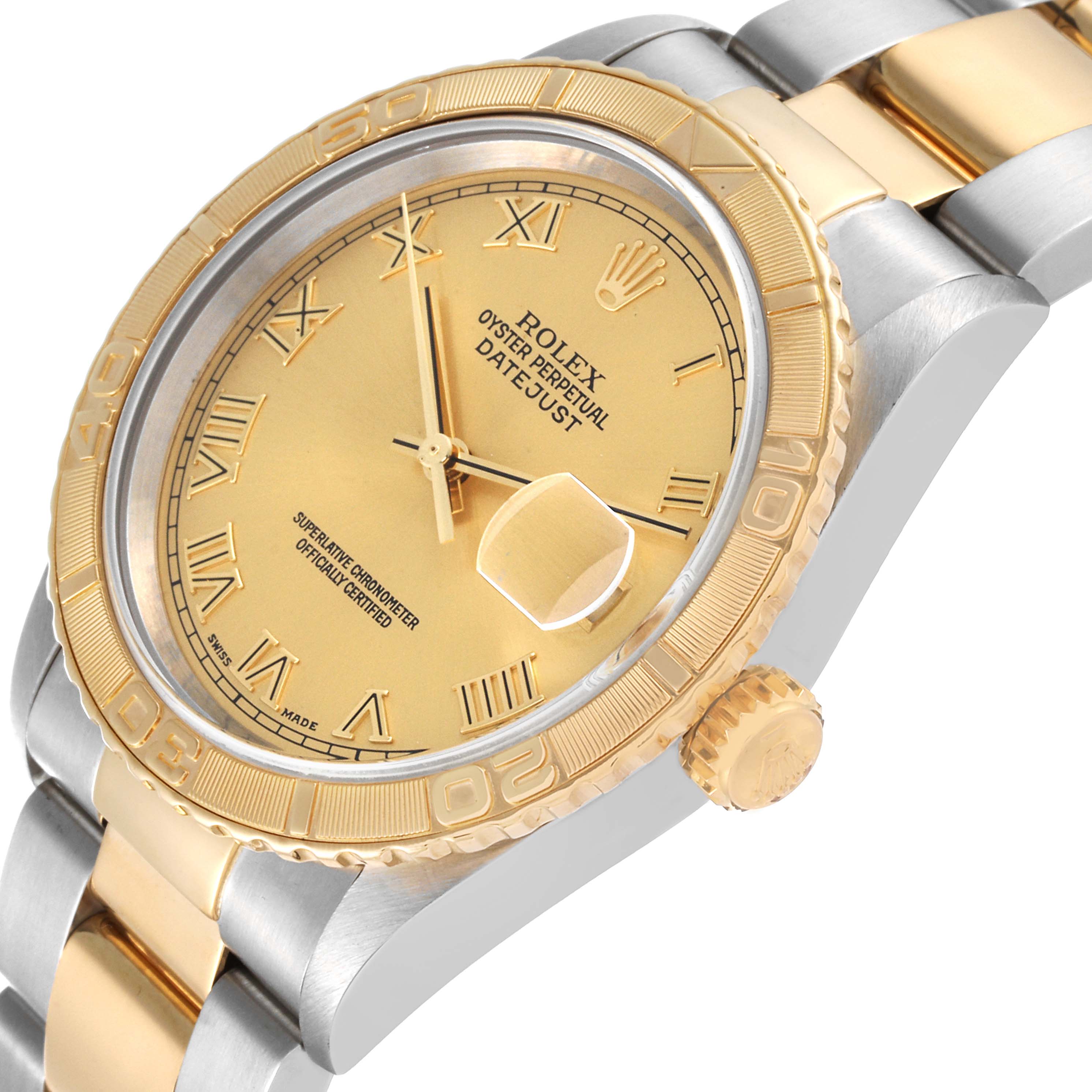 The image shows a close-up angle of the Rolex Turn-o-Graph 16263 Men's Steel and Gold (two tone) Champagne Dial 16263 Men's Steel and Gold (two tone) Champagne Dial watch, highlighting its gold and silver band, bezel, crown, and face.
