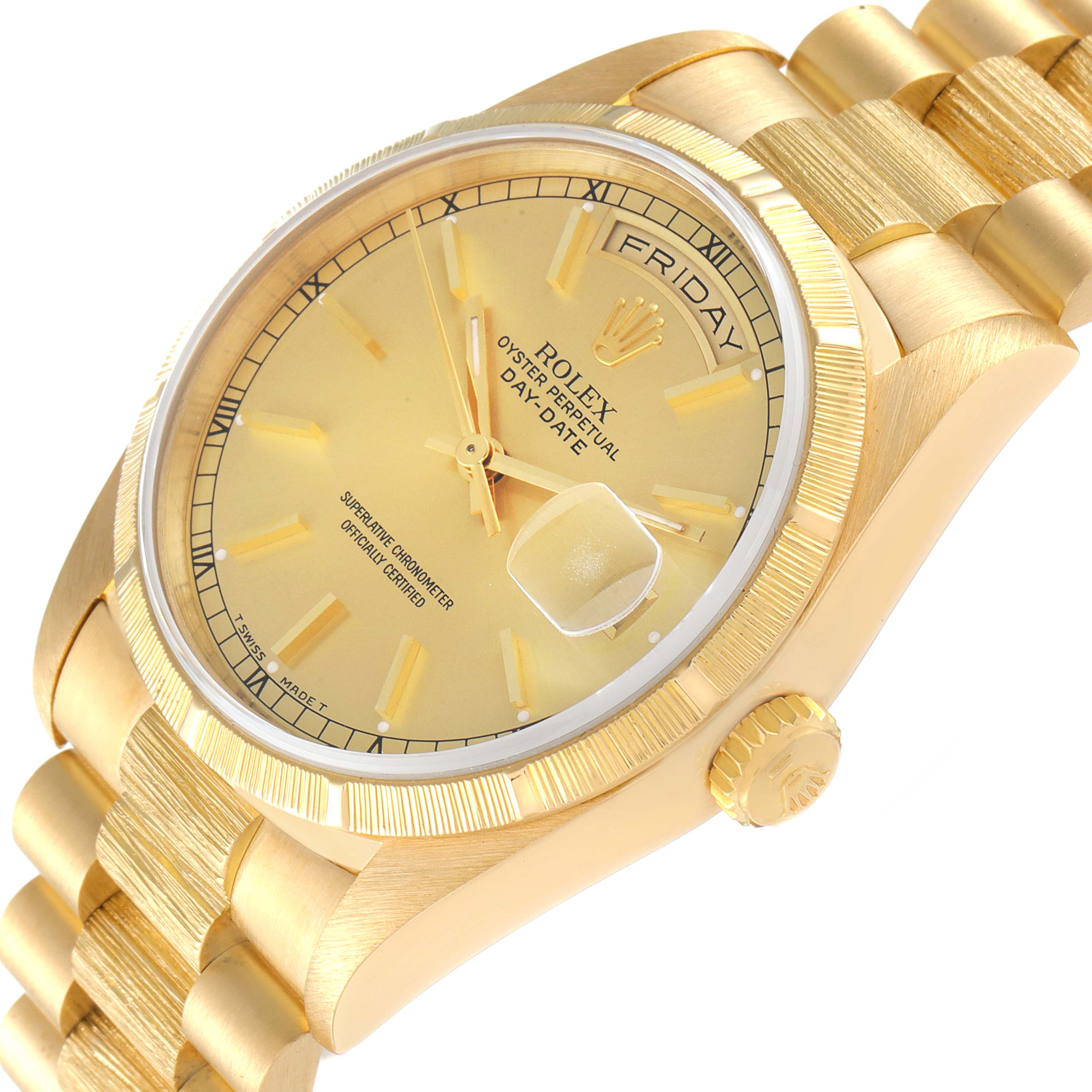 This image shows a Rolex President 18248 Men's Yellow Gold Champagne Dial 18248 Men's Yellow Gold Champagne Dial model at an oblique angle, highlighting the dial, bezel, crown, and part of the bracelet.