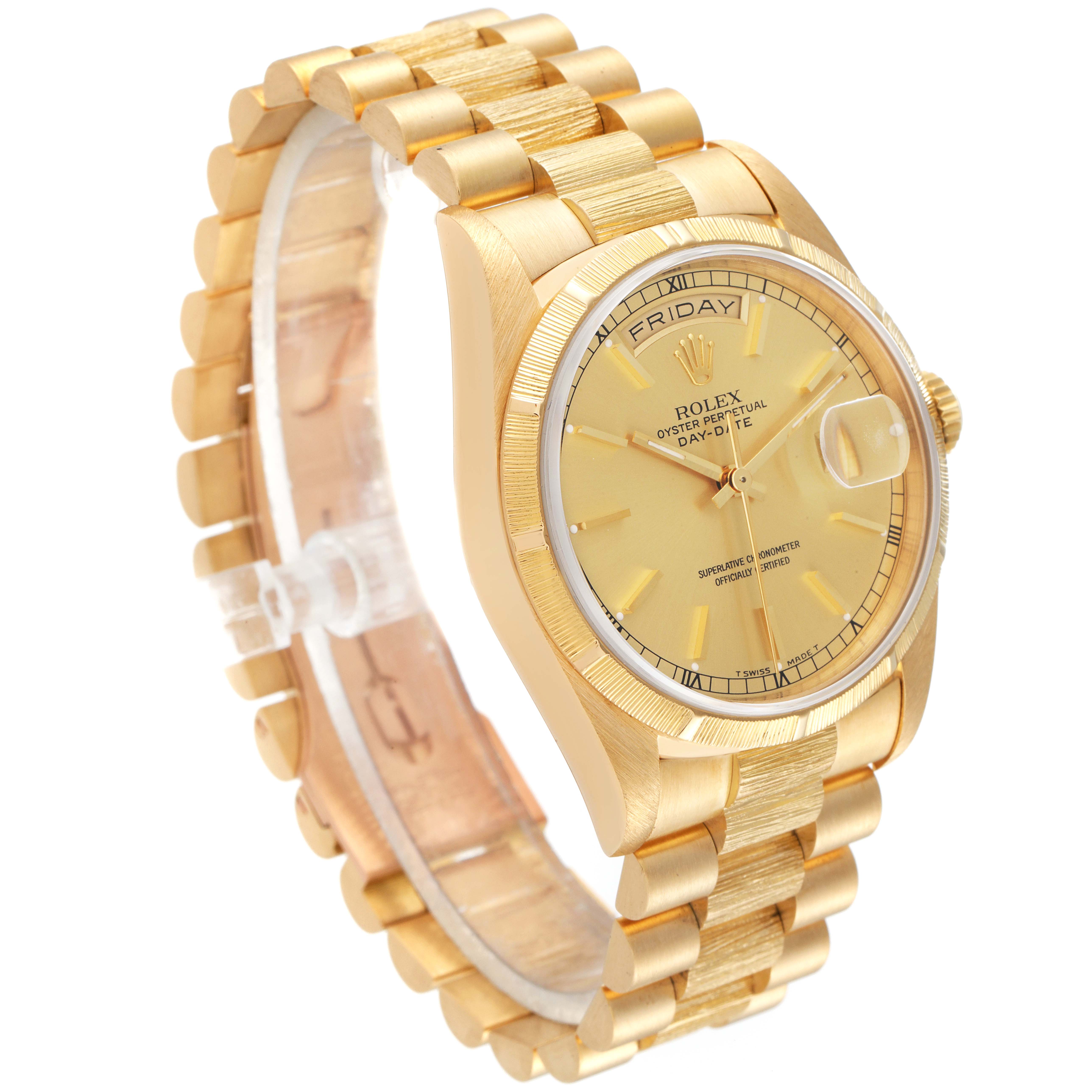 This image shows a Rolex President 18248 Men's Yellow Gold Champagne Dial 18248 Men's Yellow Gold Champagne Dial model watch, angled to display the gold bracelet, face, and case.